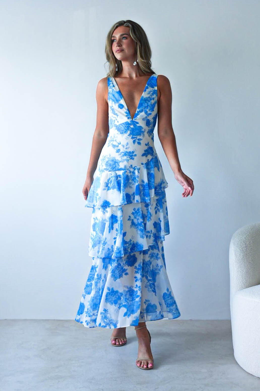 Lyla Floral Ruffle Midaxi Dress Blue/White | Wedding Guest Dress | Oh Hello Clothing