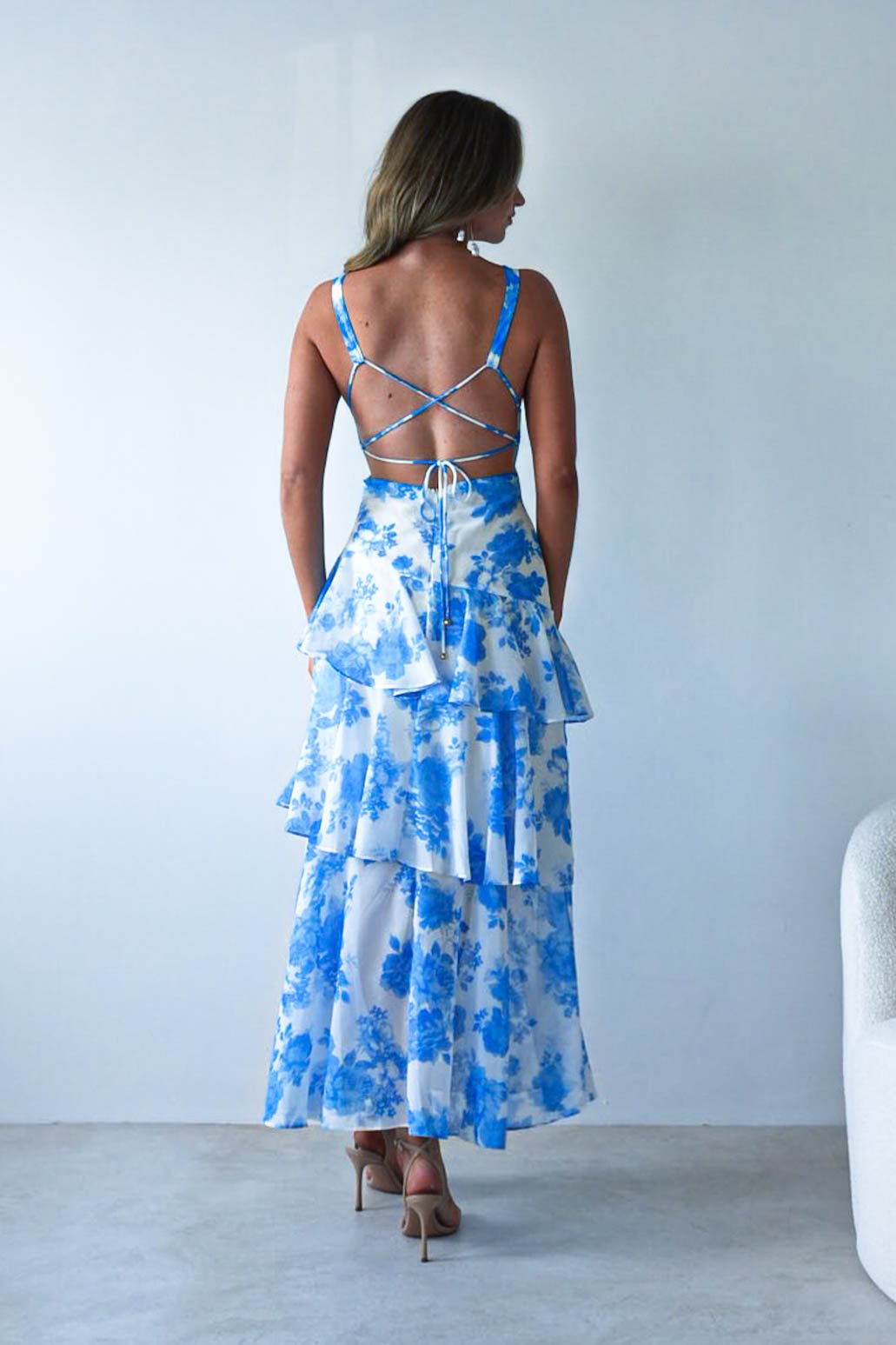 Lyla Floral Ruffle Midaxi Dress Blue/White | Wedding Guest Dress | Oh Hello Clothing