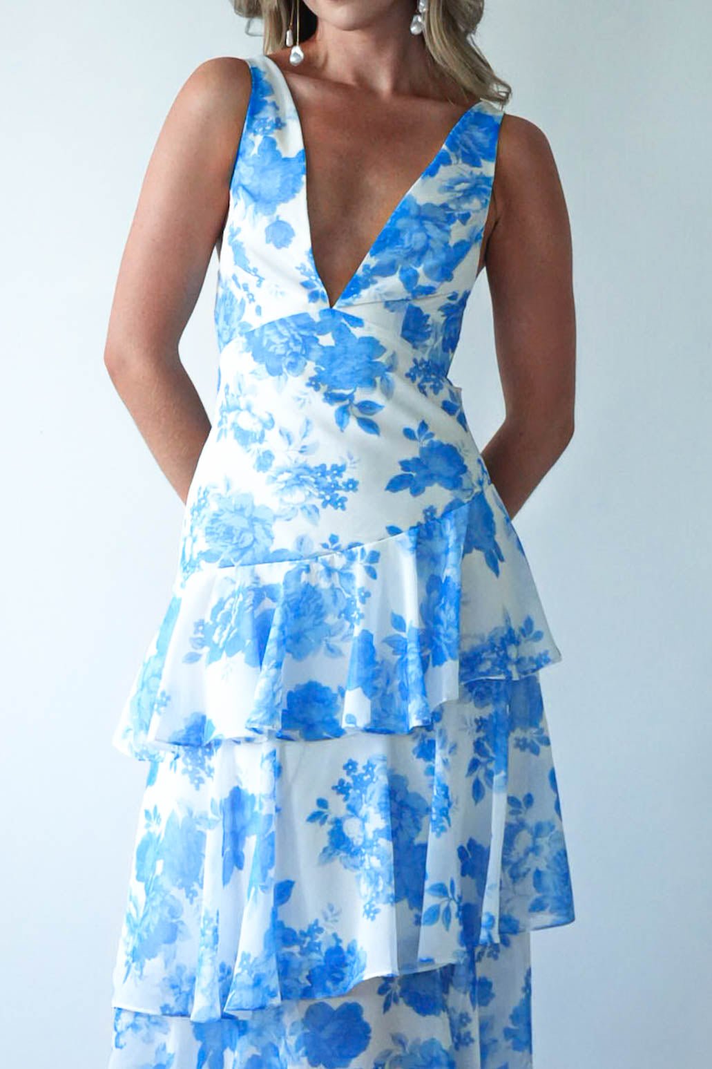 Lyla Floral Ruffle Midaxi Dress Blue/White | Wedding Guest Dress | Oh Hello Clothing