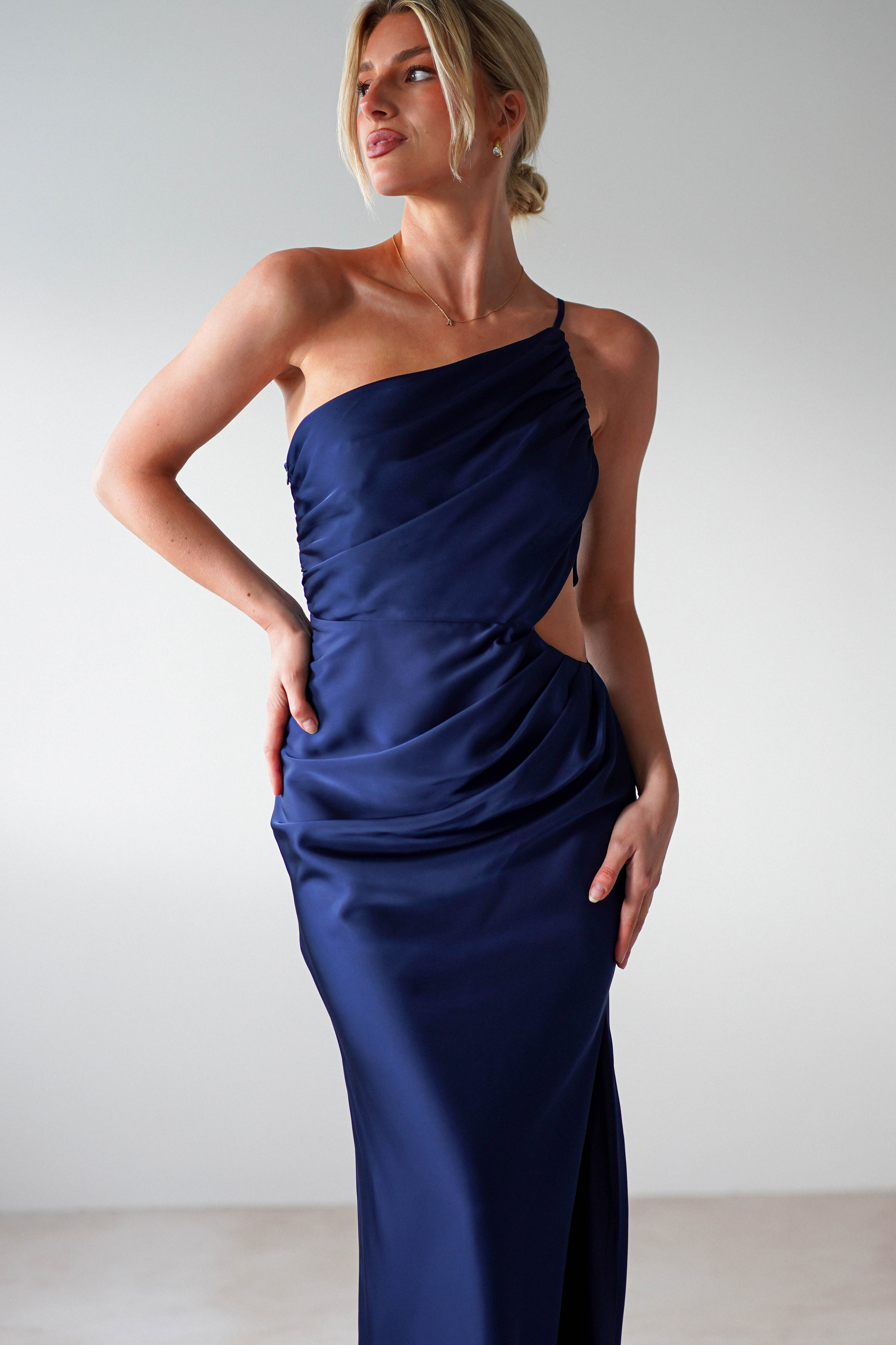 Lyra Soft Matte Satin Maxi Dress Navy | Wedding Guest Dress | Maxi | Satin | Oh Hello Clothing