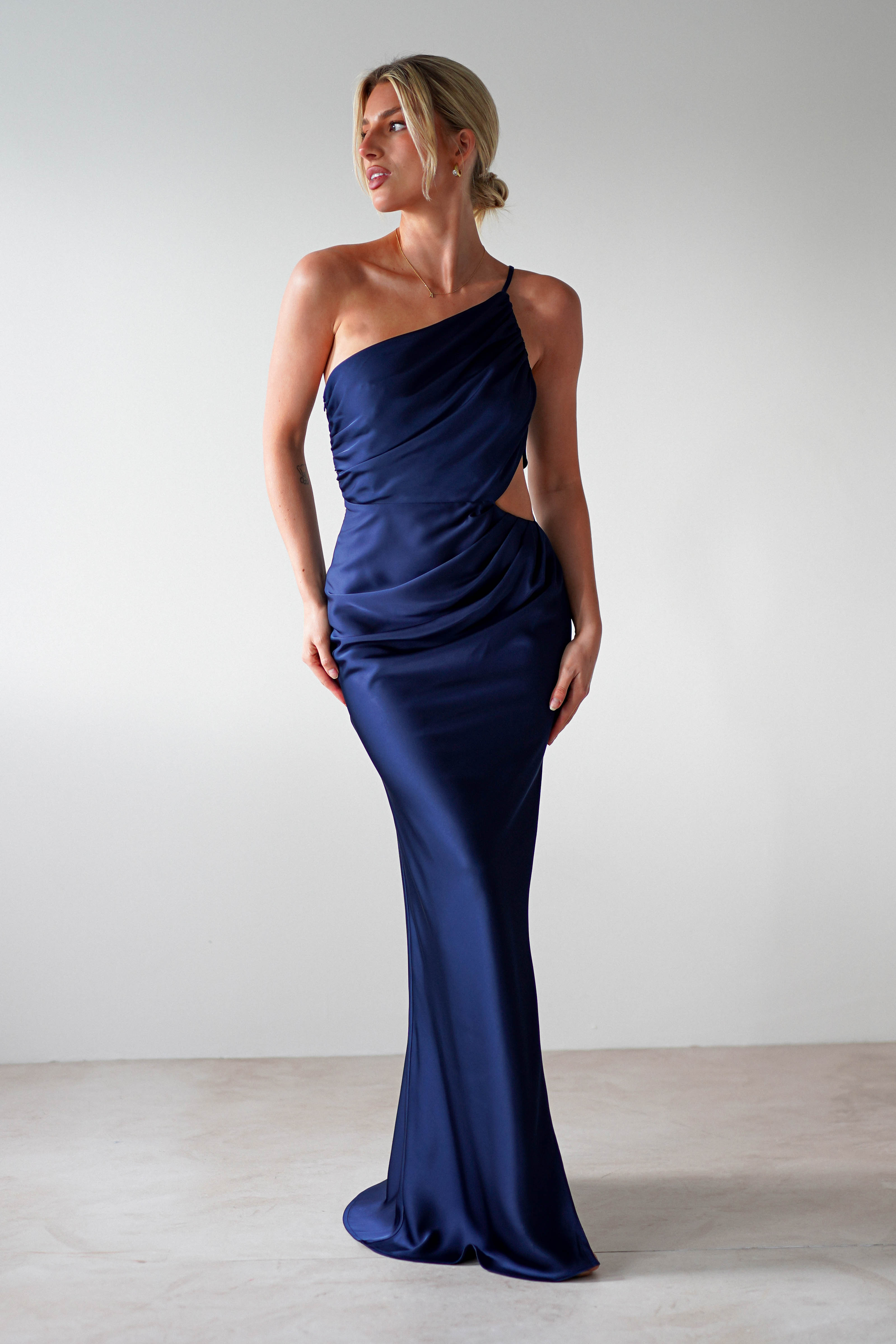 Lyra Soft Matte Satin Maxi Dress Navy | Wedding Guest Dress | Maxi | Satin | Oh Hello Clothing