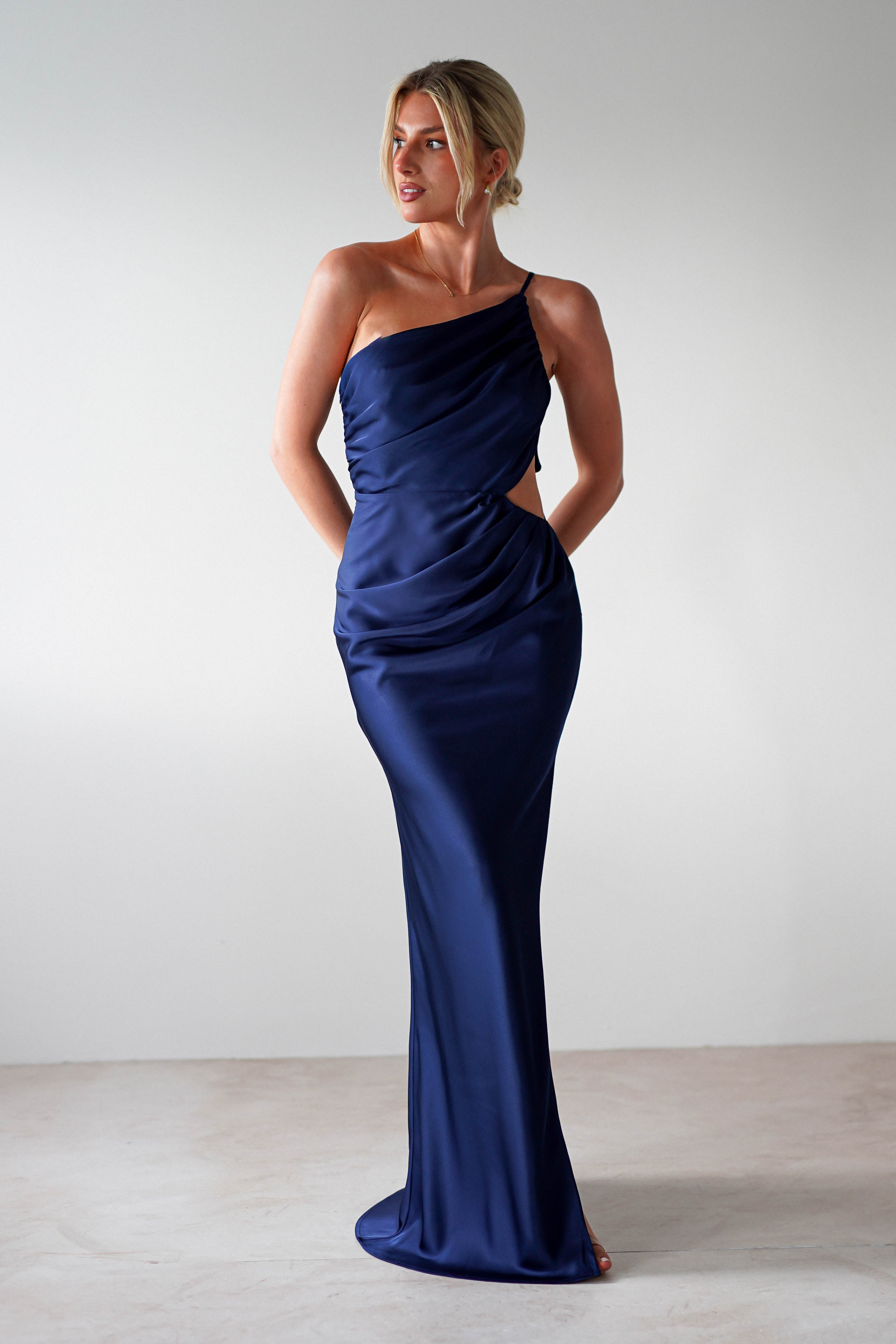 Lyra Soft Matte Satin Maxi Dress Navy | Wedding Guest Dress | Maxi | Satin | Oh Hello Clothing