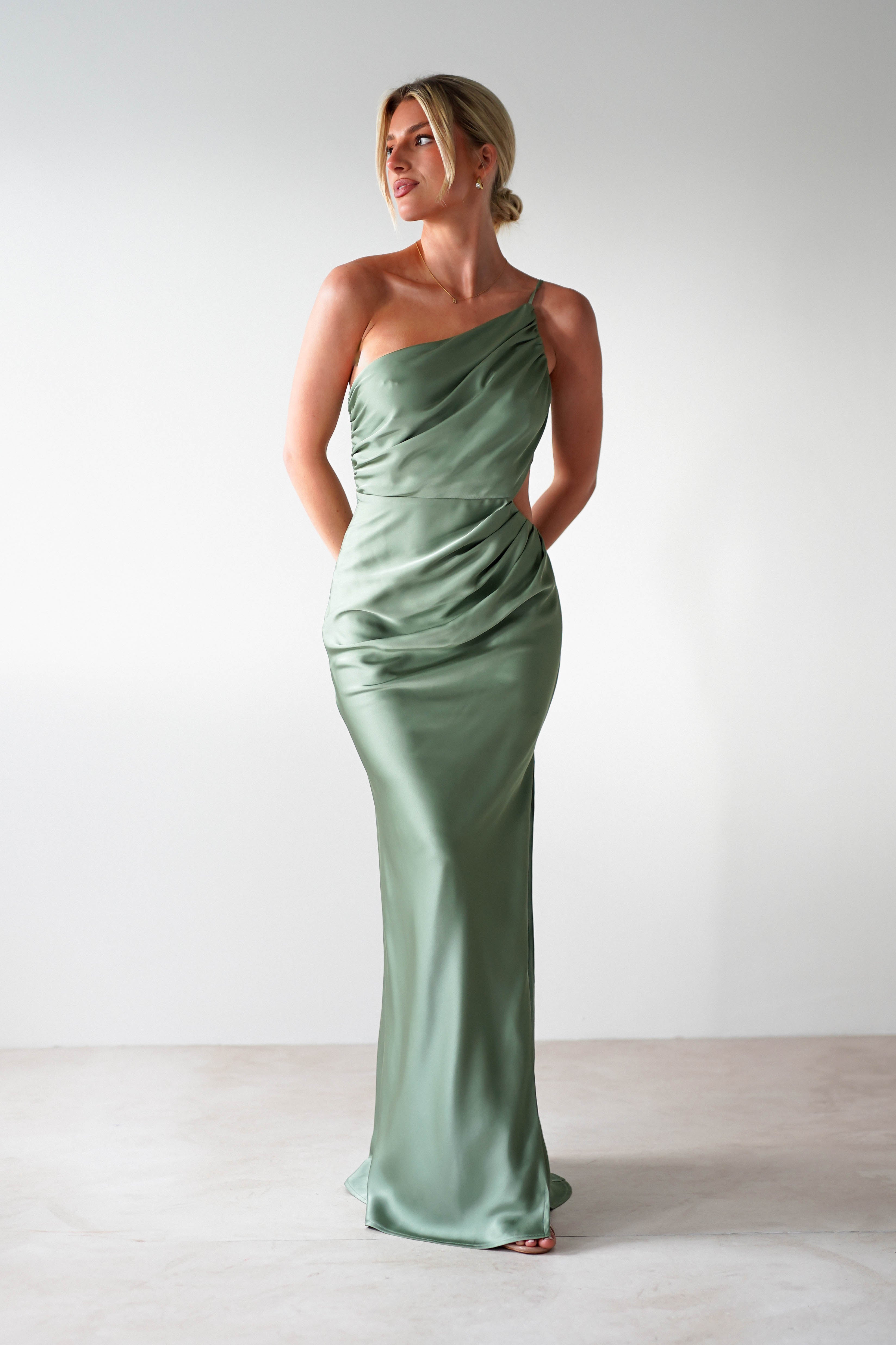 Lyra Soft Matte Satin Maxi Dress Olive | Wedding Guest Dress | Maxi | Satin | Oh Hello Clothing