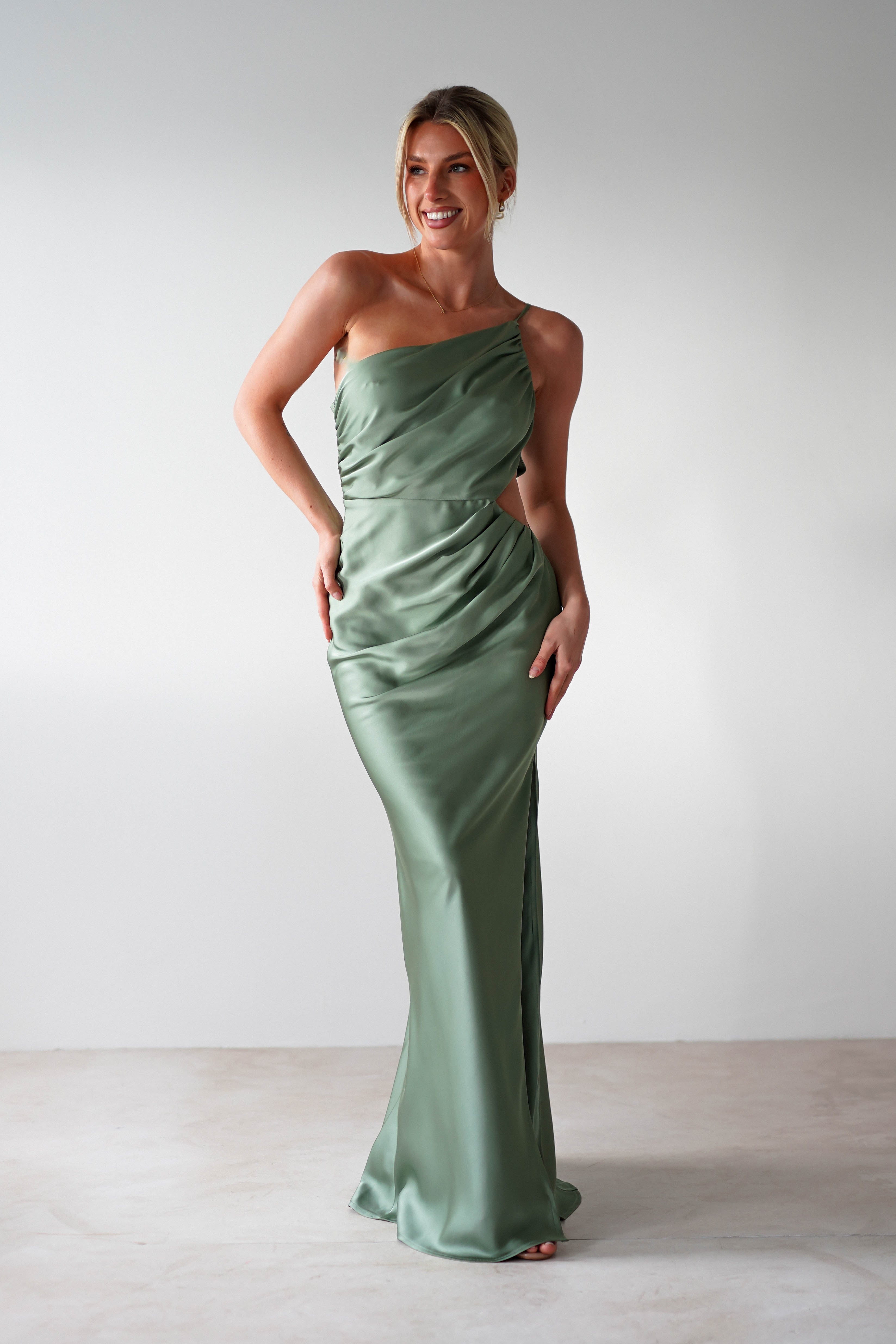 Lyra Soft Matte Satin Maxi Dress Olive | Wedding Guest Dress | Maxi | Satin | Oh Hello Clothing