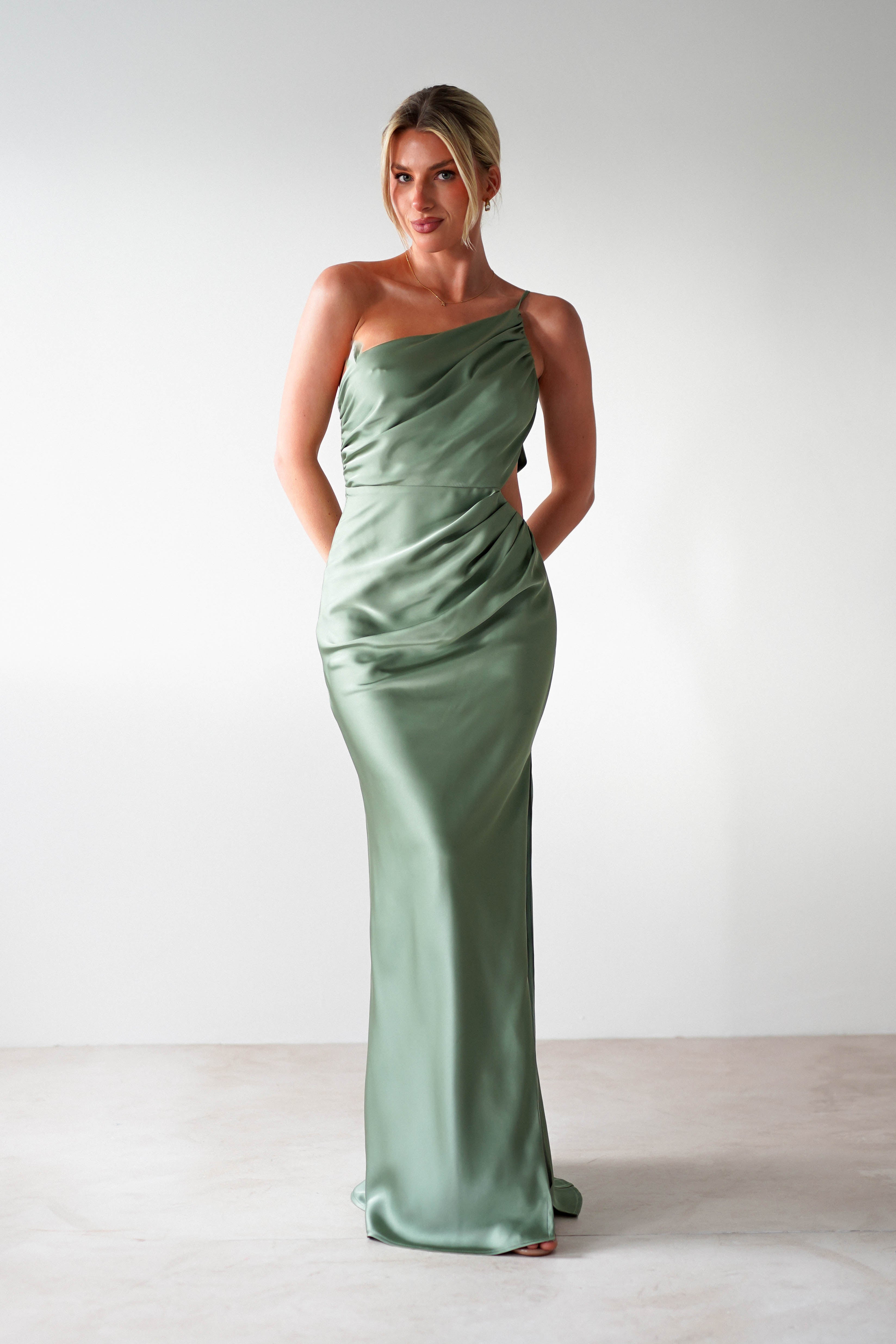 Lyra Soft Matte Satin Maxi Dress Olive | Wedding Guest Dress | Maxi | Satin | Oh Hello Clothing