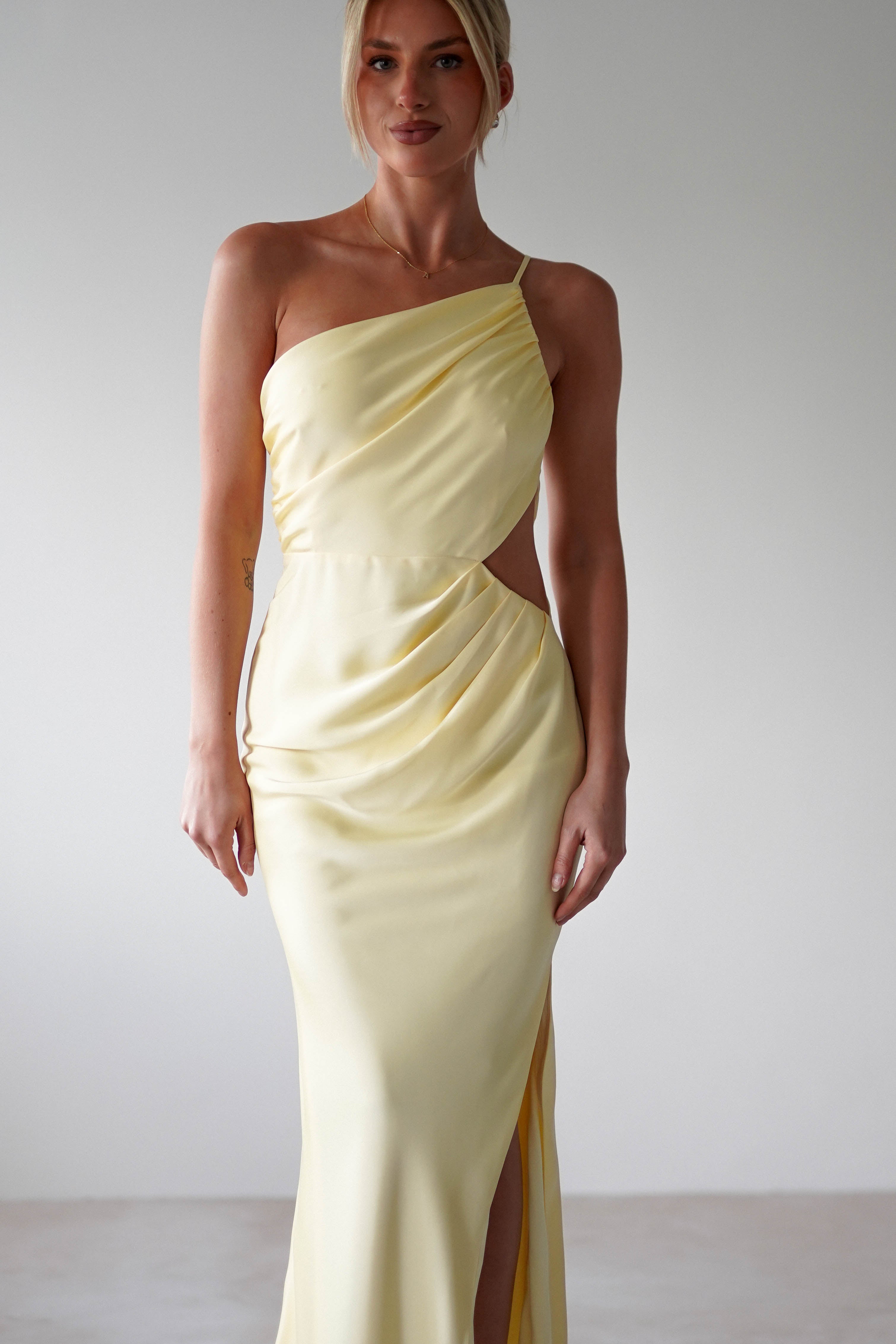 Lyra Soft Matte Satin Maxi Dress Yellow | Wedding Guest Dress | Maxi | Satin | Oh Hello Clothing