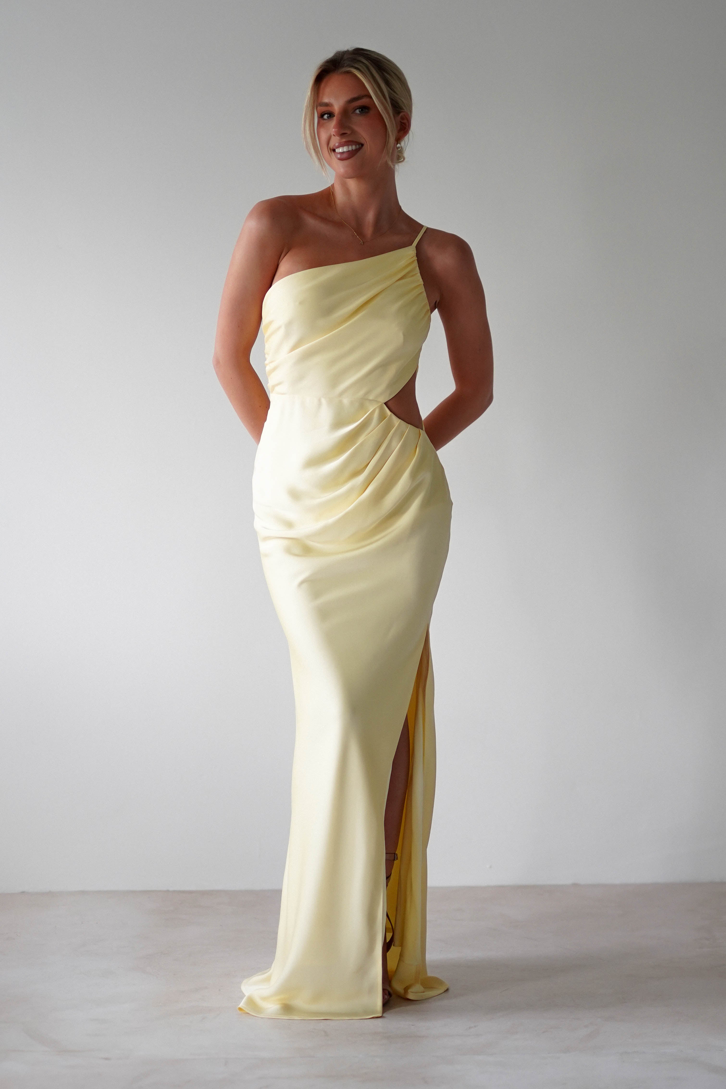 Lyra Soft Matte Satin Maxi Dress Yellow | Wedding Guest Dress | Maxi | Satin | Oh Hello Clothing