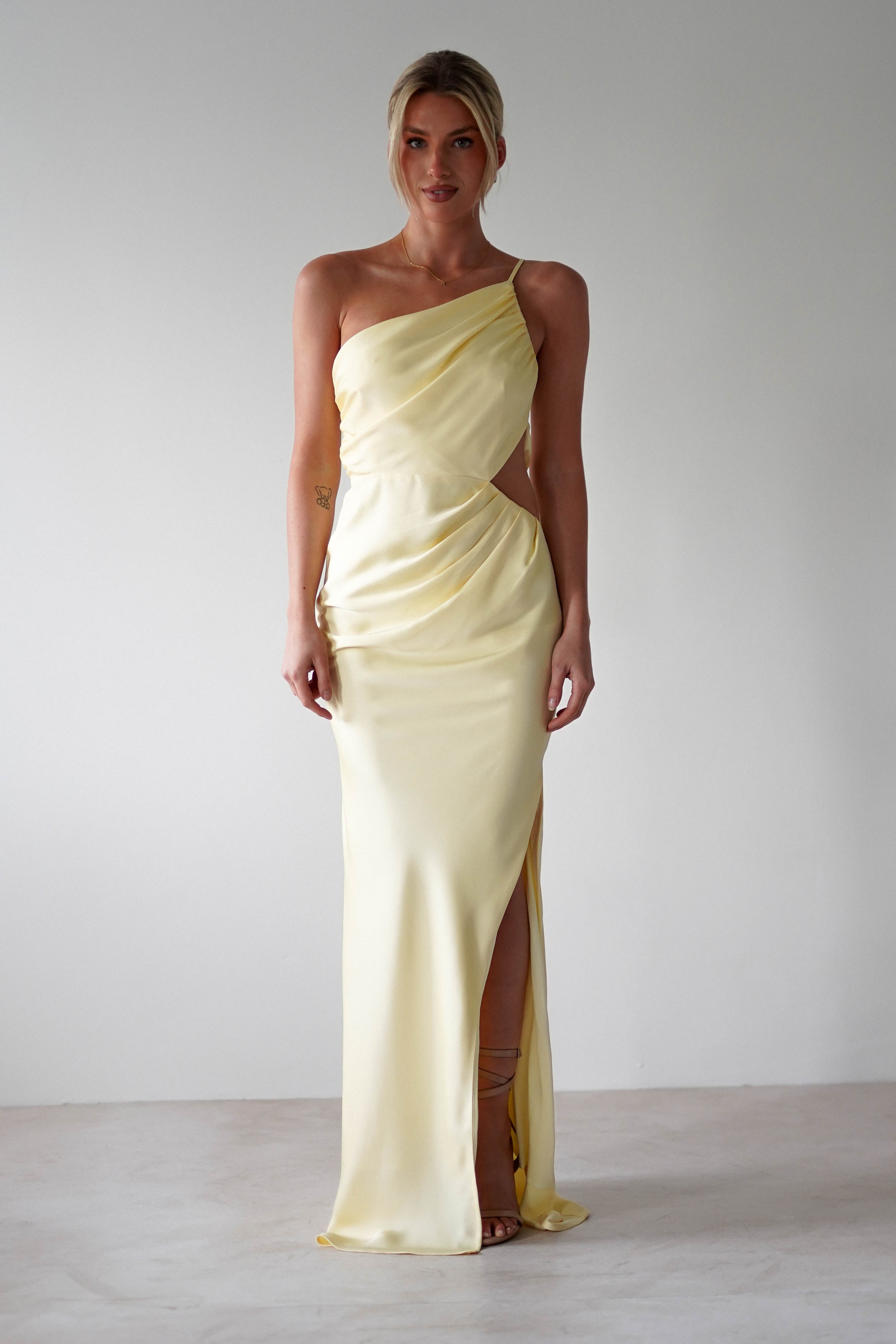 Lyra Soft Matte Satin Maxi Dress Yellow | Wedding Guest Dress | Maxi | Satin | Oh Hello Clothing