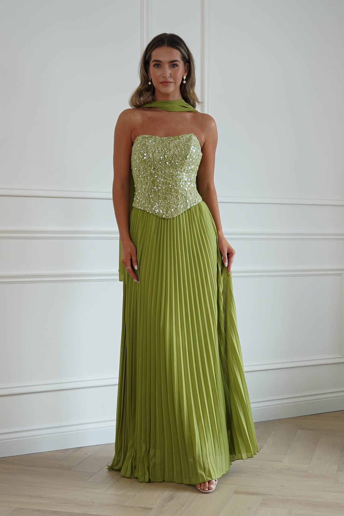 Oh Hello Clothing Women > Clothing > Dresses Madelyn Strapless Pleated Maxi Dress | Lime