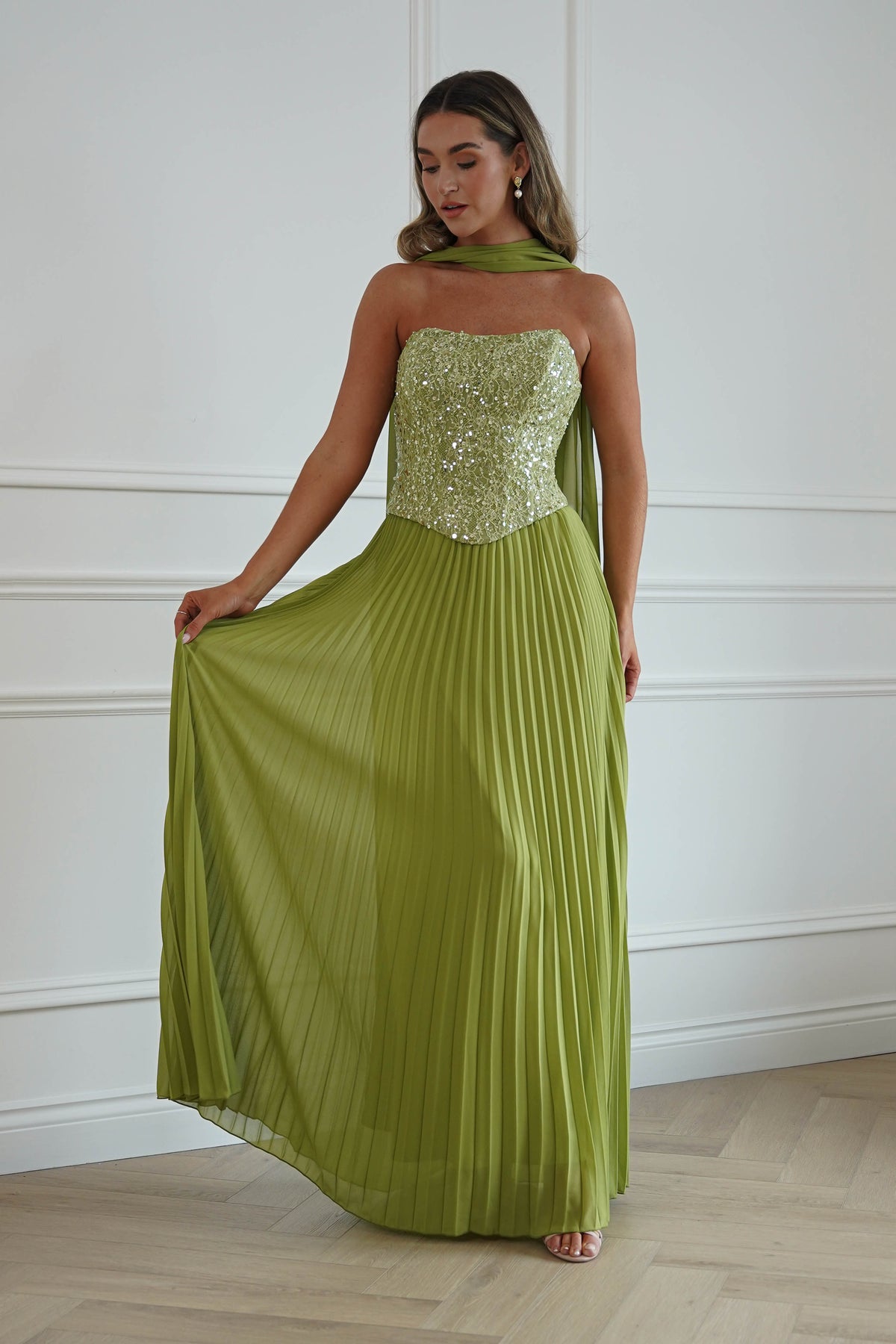 Oh Hello Clothing Women > Clothing > Dresses Madelyn Strapless Pleated Maxi Dress | Lime