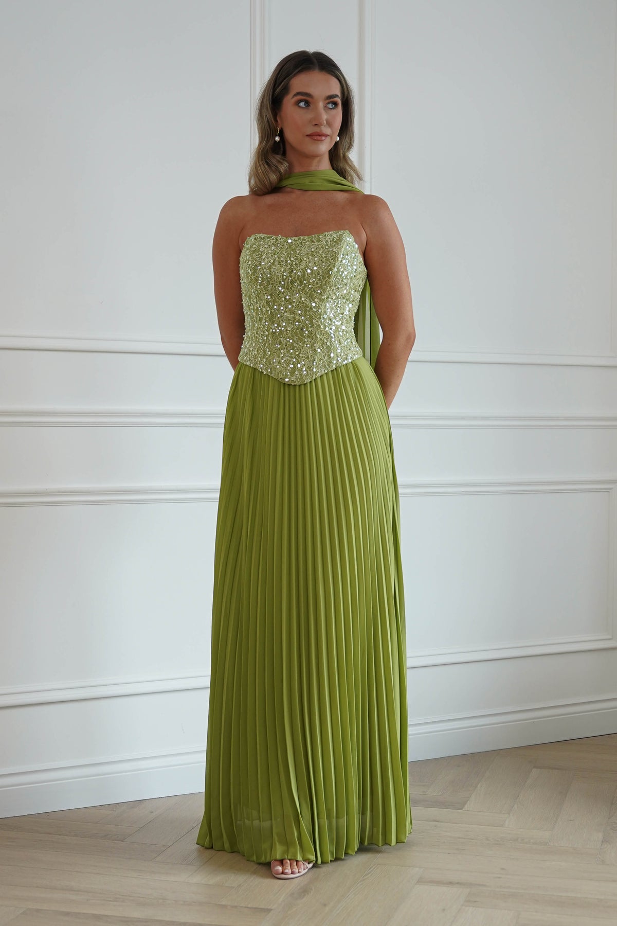 Oh Hello Clothing Women > Clothing > Dresses Madelyn Strapless Pleated Maxi Dress | Lime
