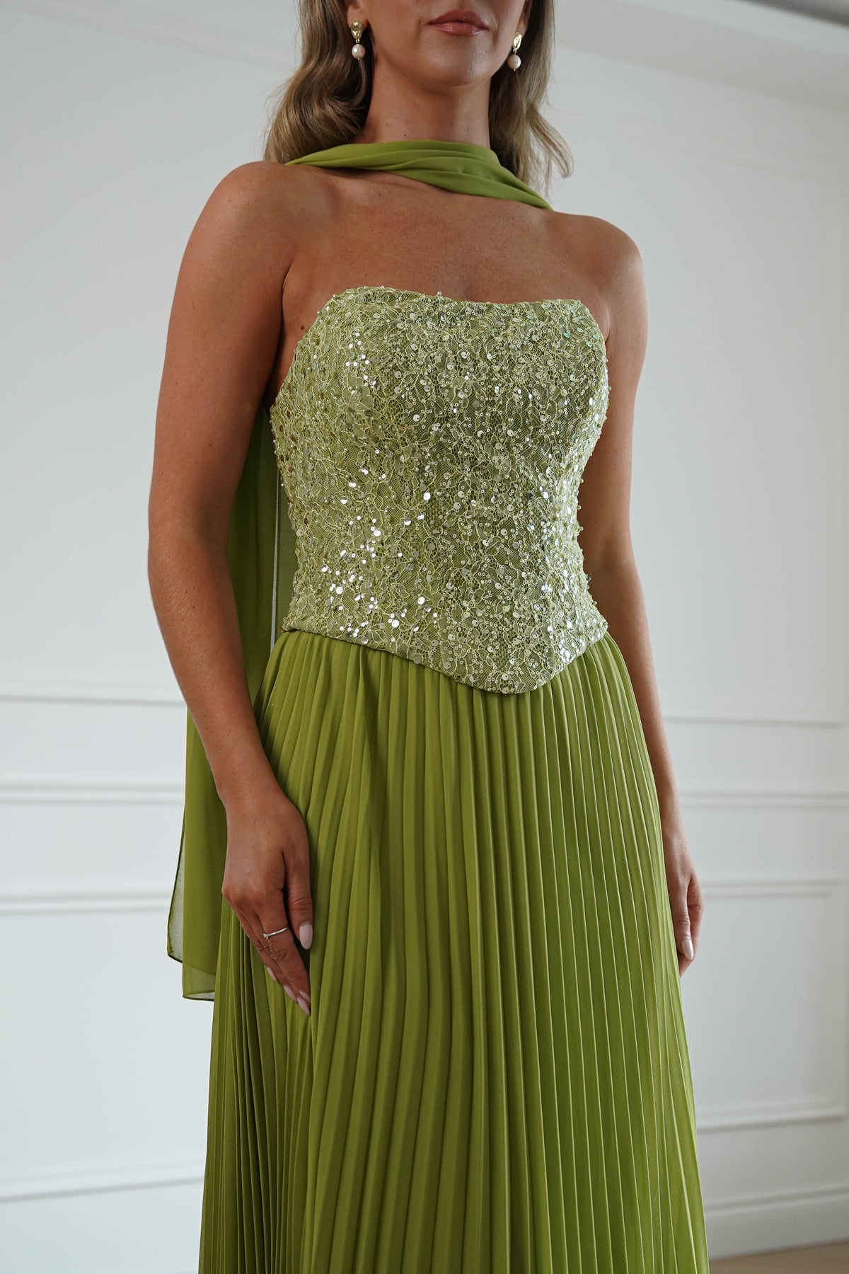 Oh Hello Clothing Women > Clothing > Dresses Madelyn Strapless Pleated Maxi Dress | Lime