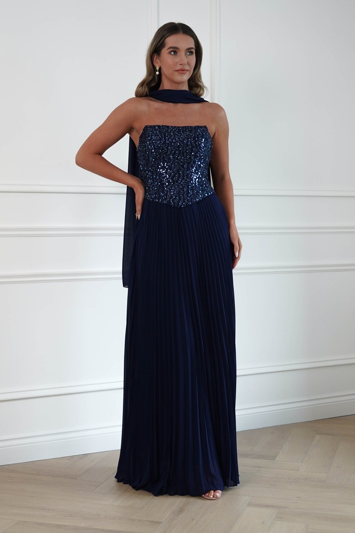 Oh Hello Clothing Women > Clothing > Dresses Madelyn Strapless Pleated Maxi Dress | Navy
