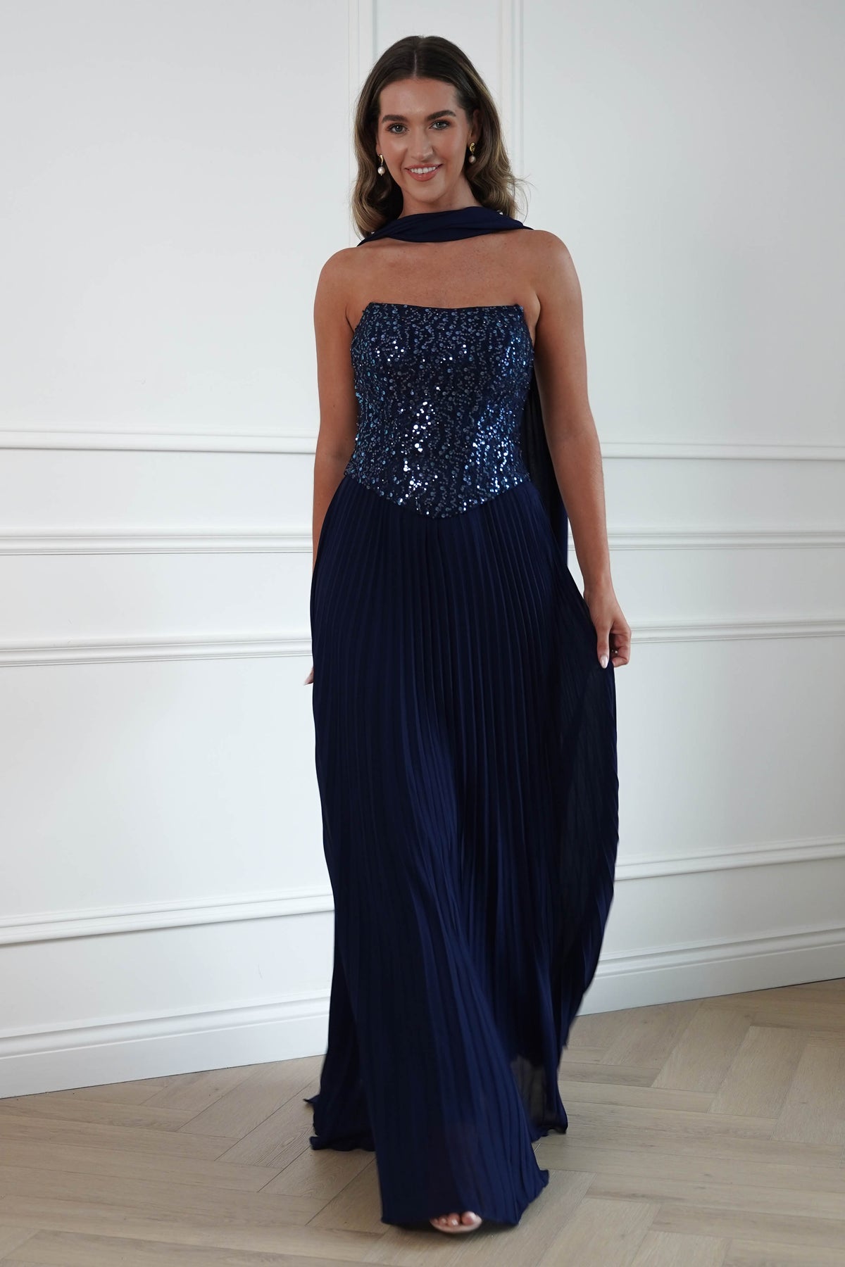 Oh Hello Clothing Women > Clothing > Dresses Madelyn Strapless Pleated Maxi Dress | Navy