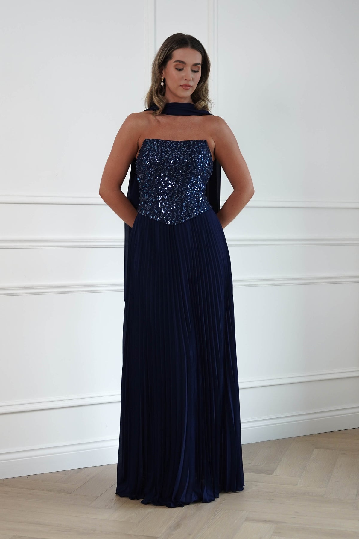 Oh Hello Clothing Women > Clothing > Dresses Madelyn Strapless Pleated Maxi Dress | Navy