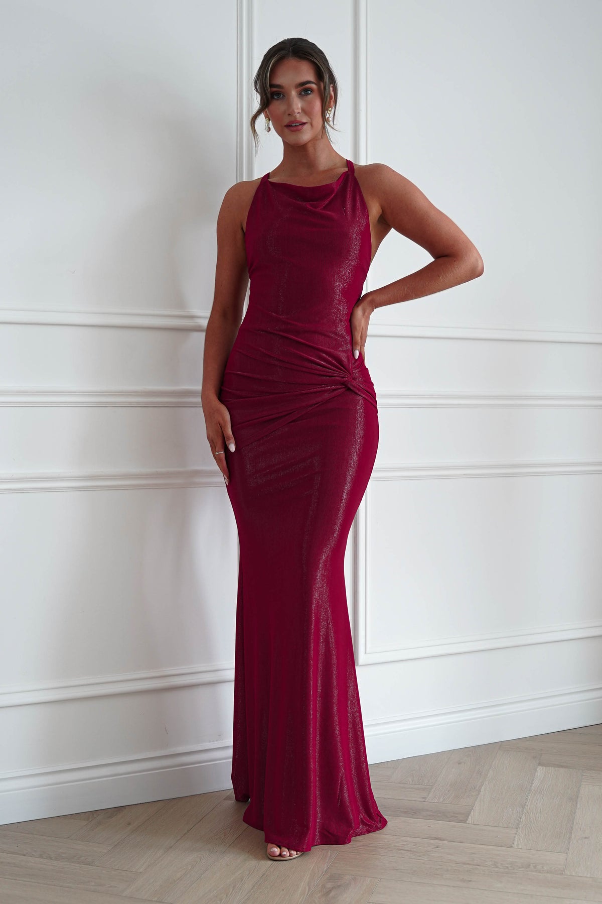 Oh Hello Clothing Women > Clothing > Dresses * MANIJU | MF22985 | RED Ruched Cowl Neck Maxi Dress
