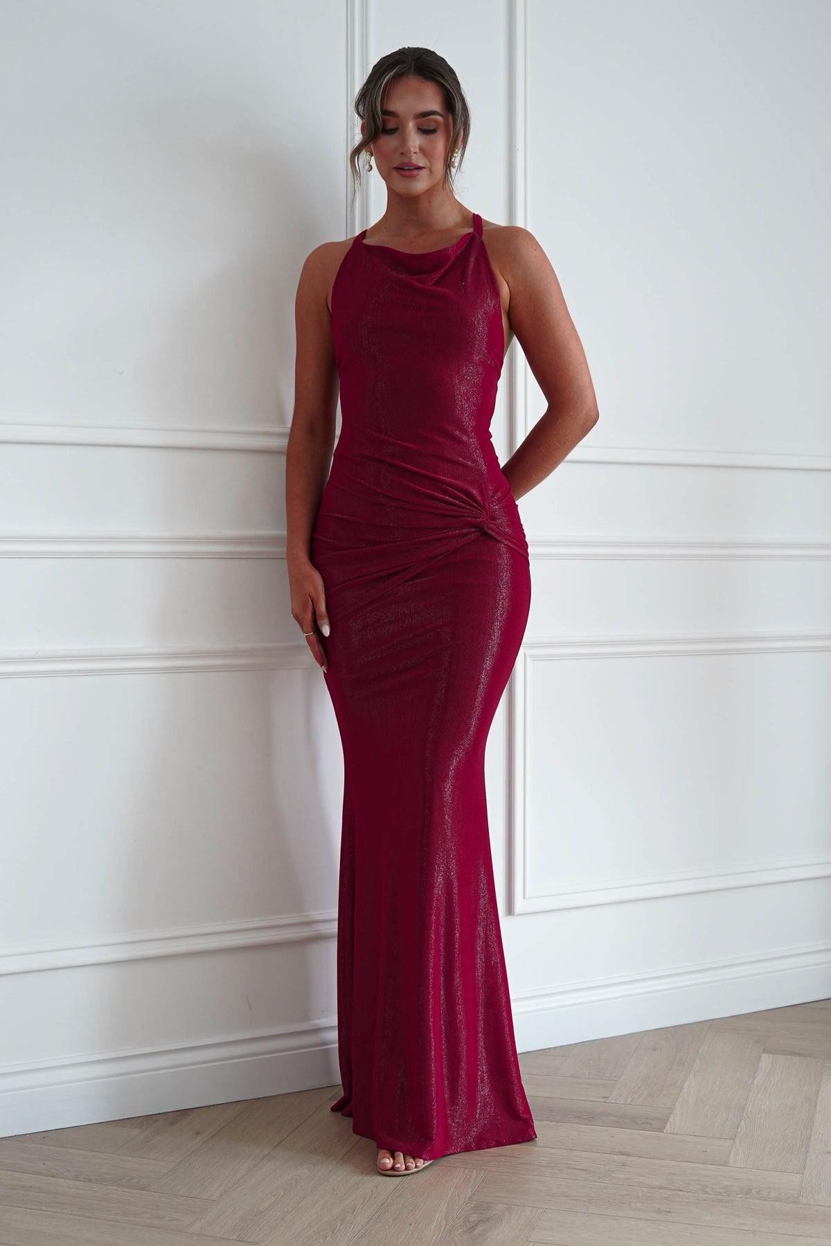 Oh Hello Clothing Women > Clothing > Dresses * MANIJU | MF22985 | RED Ruched Cowl Neck Maxi Dress