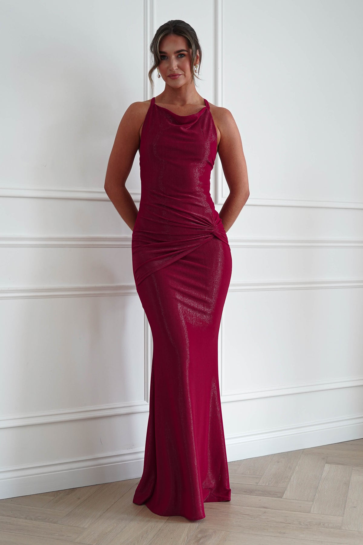 Oh Hello Clothing Women > Clothing > Dresses * MANIJU | MF22985 | RED Ruched Cowl Neck Maxi Dress