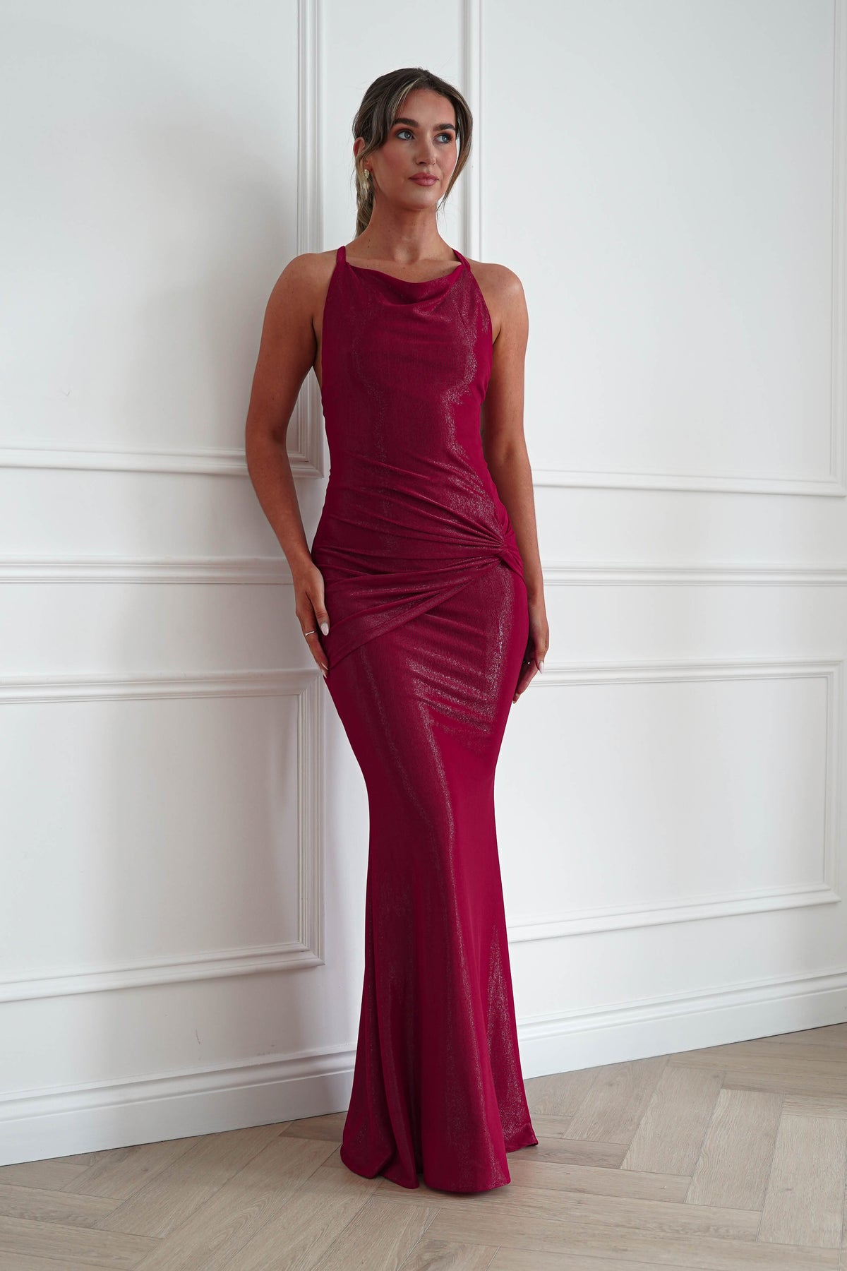 Oh Hello Clothing Women > Clothing > Dresses * MANIJU | MF22985 | RED Ruched Cowl Neck Maxi Dress