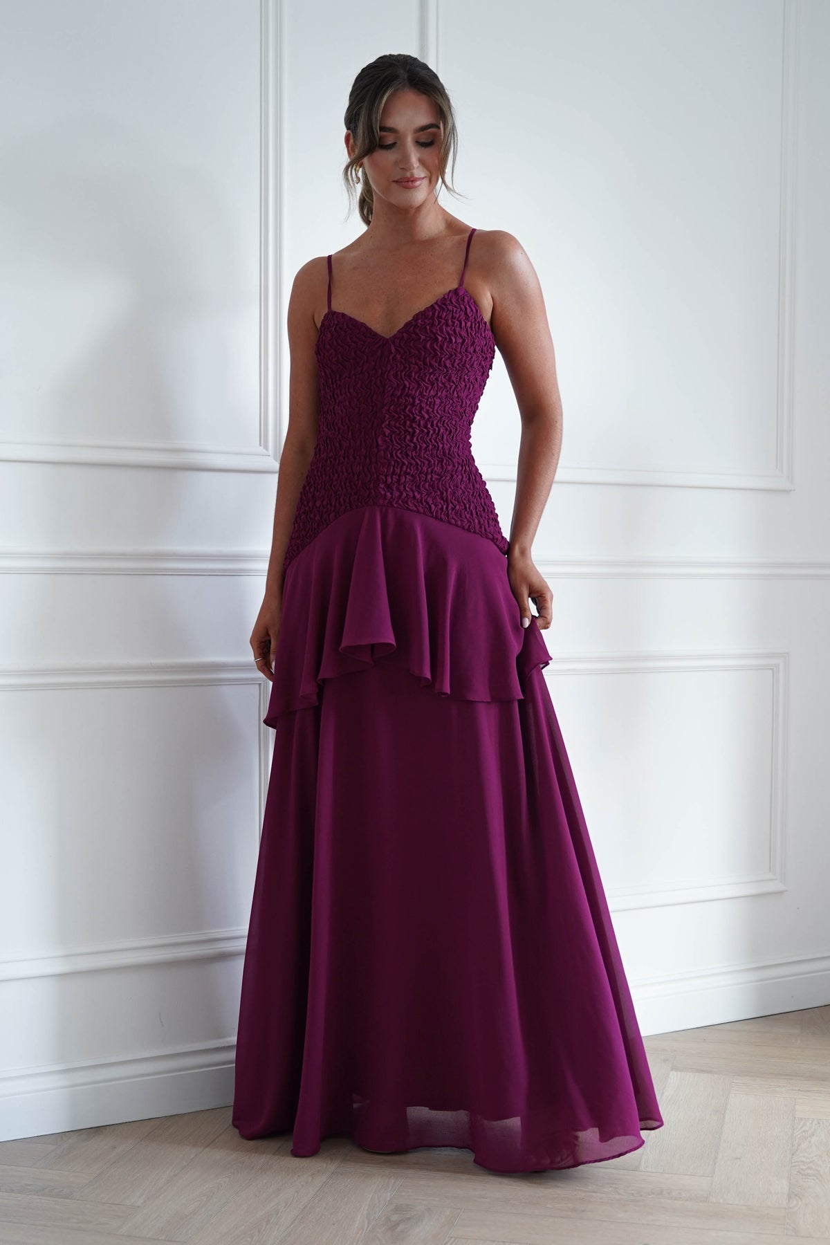 Oh Hello Clothing Women > Clothing > Dresses * MANIJU | MF23329 | Berry Textured Ruffle Maxi Dress