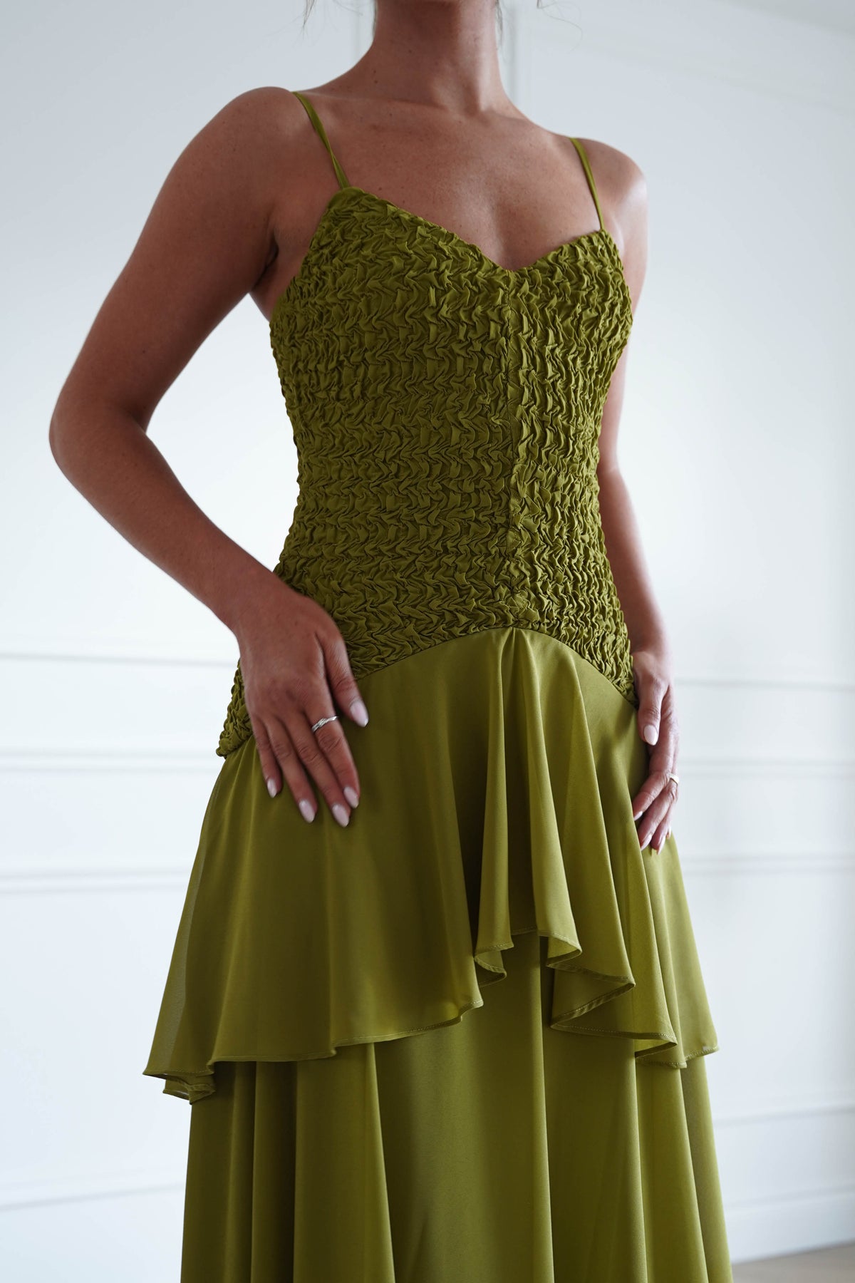Oh Hello Clothing Women > Clothing > Dresses * MANIJU | MF23329 | Chartreuse Textured Ruffle Maxi Dress