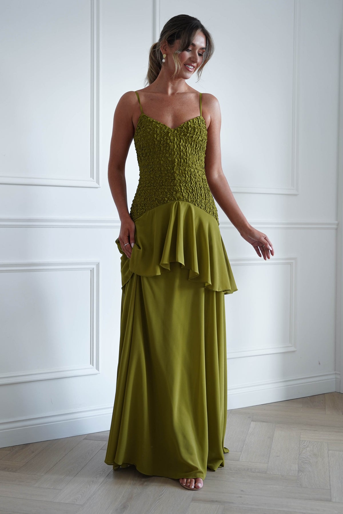 Oh Hello Clothing Women > Clothing > Dresses * MANIJU | MF23329 | Chartreuse Textured Ruffle Maxi Dress