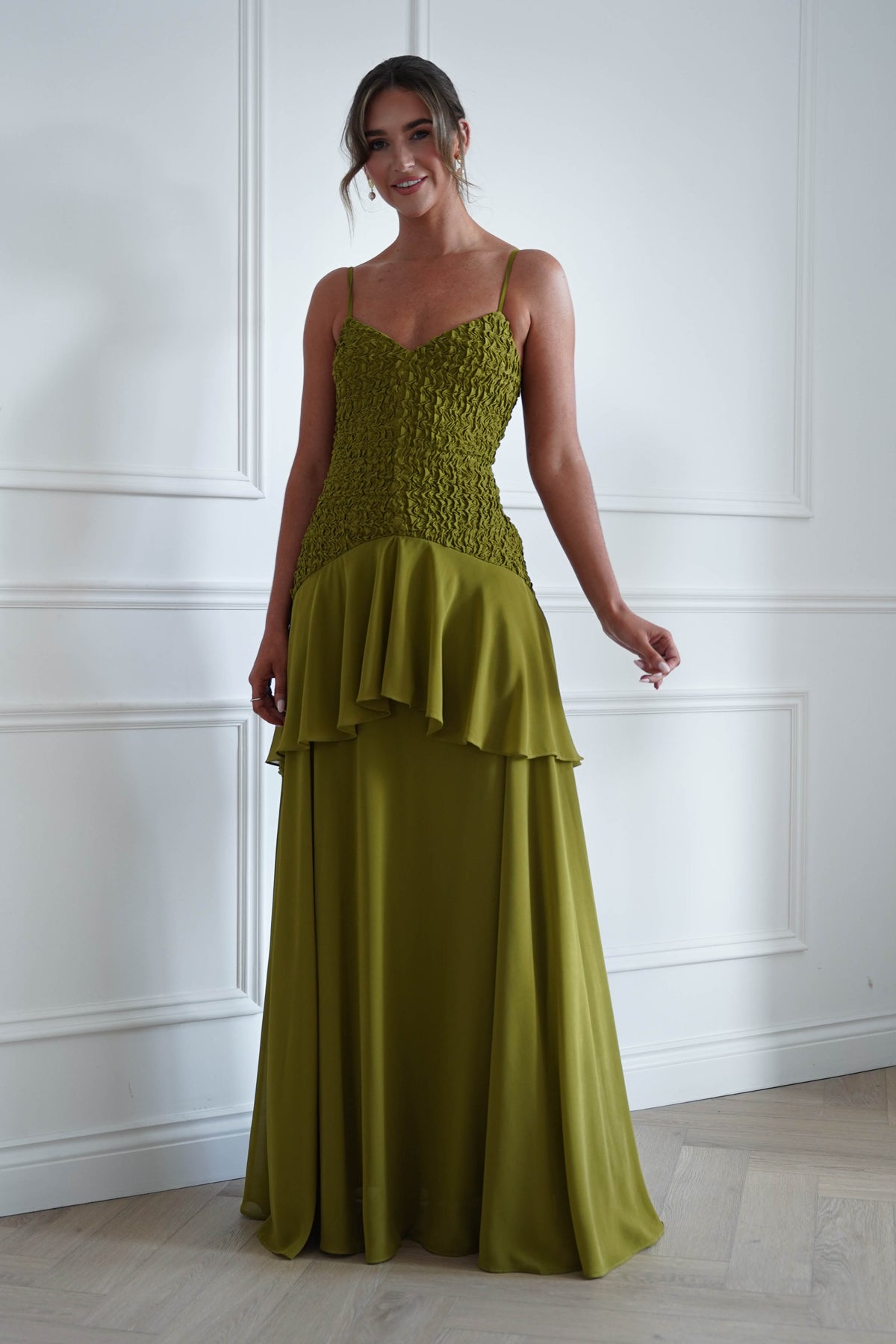 Oh Hello Clothing Women > Clothing > Dresses * MANIJU | MF23329 | Chartreuse Textured Ruffle Maxi Dress