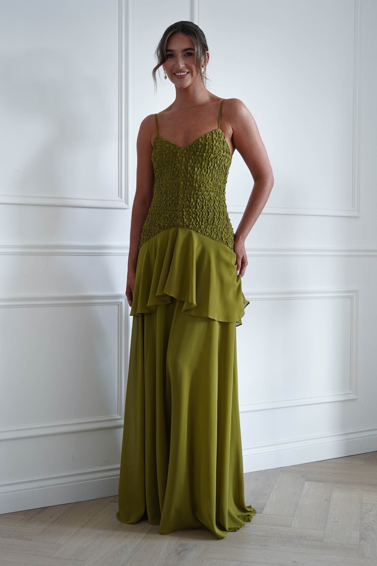 Oh Hello Clothing Women > Clothing > Dresses * MANIJU | MF23329 | Chartreuse Textured Ruffle Maxi Dress