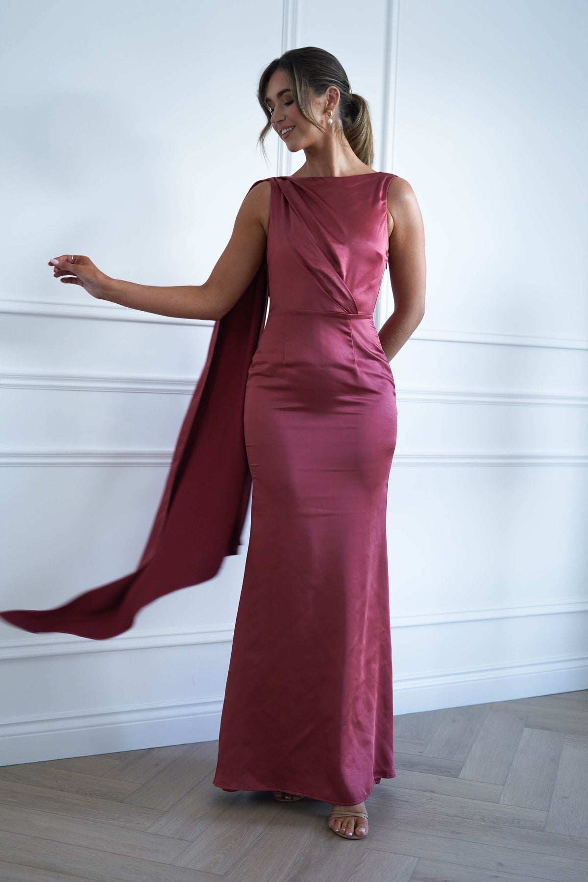 Oh Hello Clothing Women > Clothing > Dresses * MANIJU | MF25178 | MARSALA Satin Drape Maxi Dress