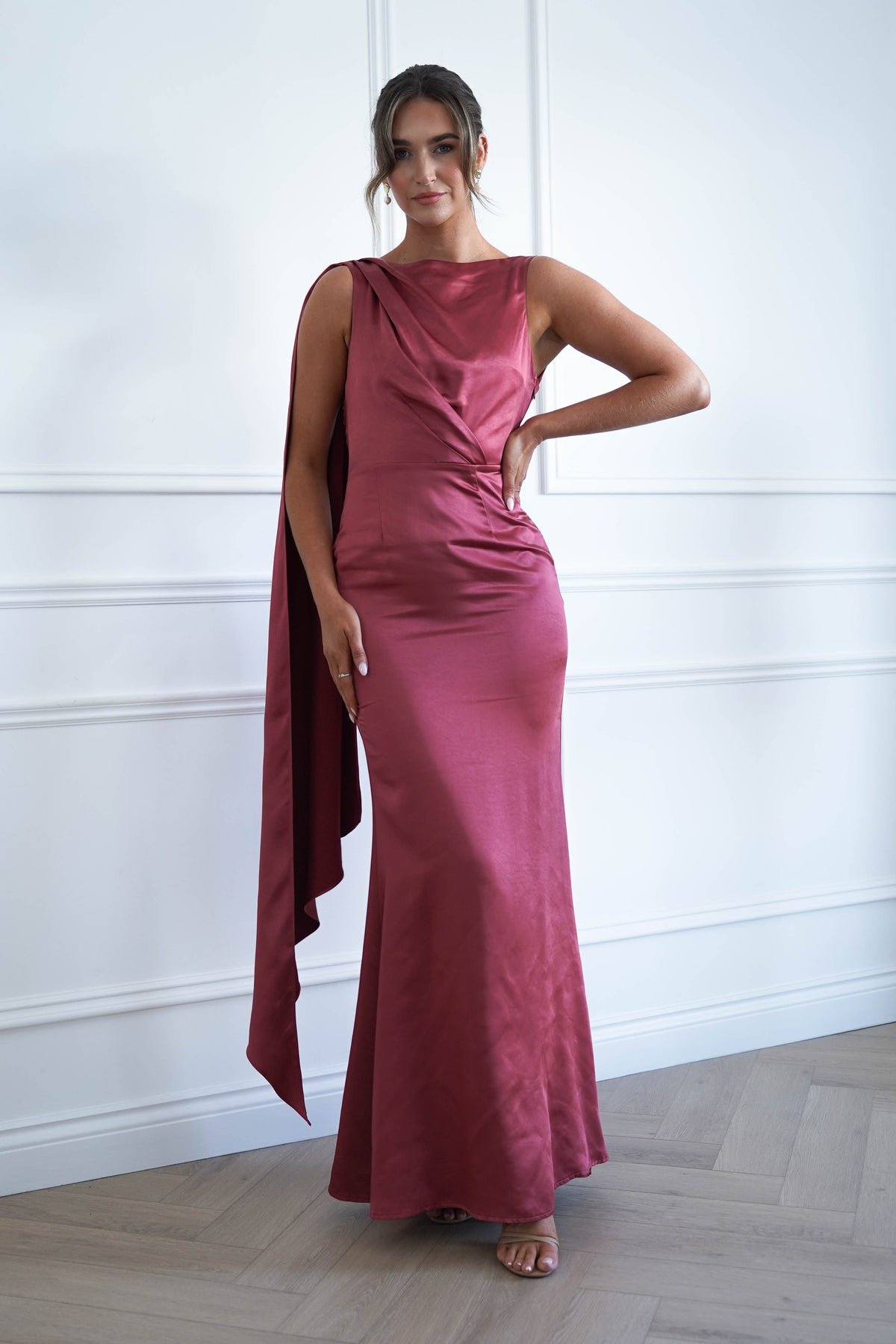 Oh Hello Clothing Women > Clothing > Dresses * MANIJU | MF25178 | MARSALA Satin Drape Maxi Dress