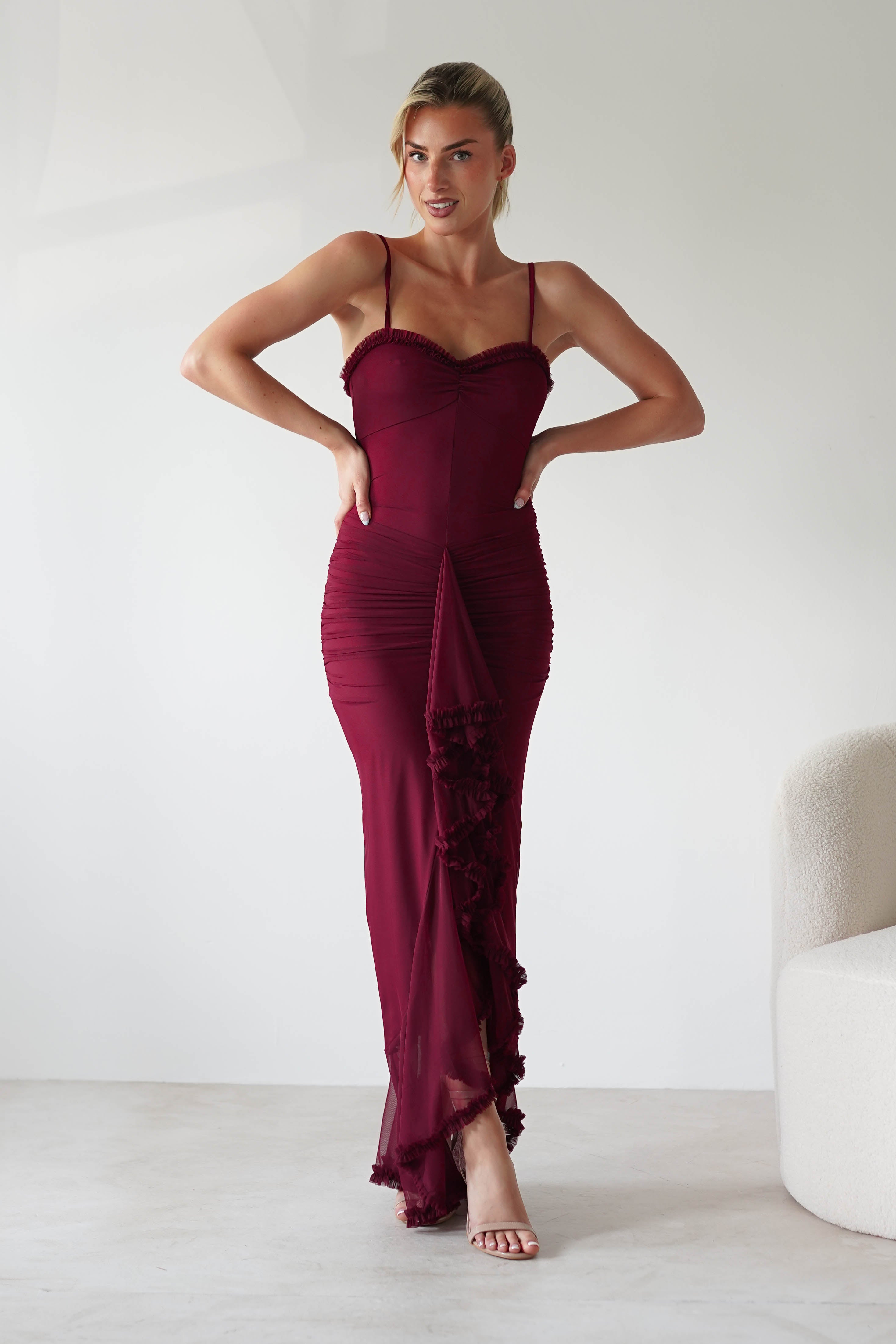 Manuella Mesh Bodycon Midaxi Dress Burgundy | Wedding Guest Dress | Bodycon | Mesh | Oh Hello Clothing
