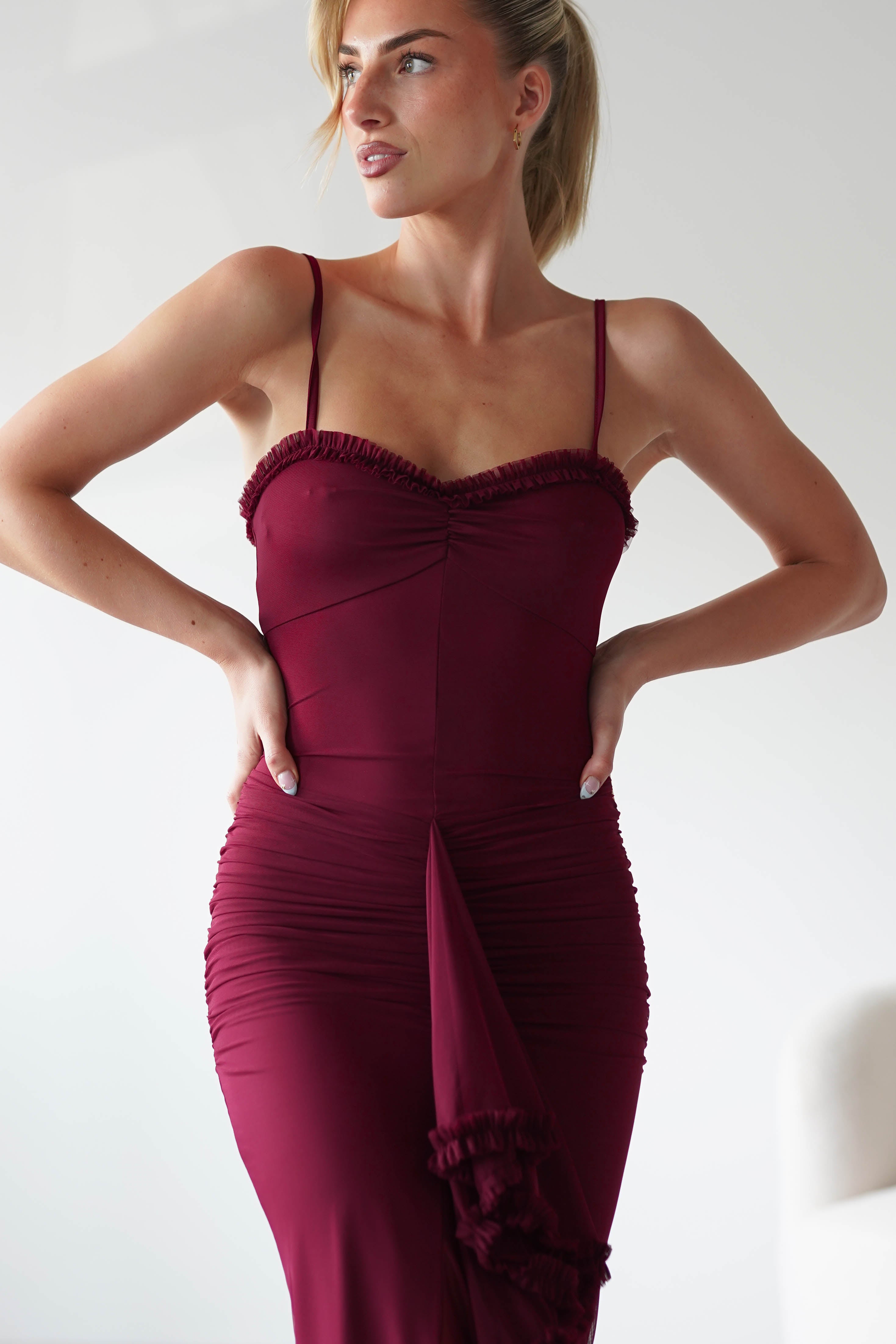 Manuella Mesh Bodycon Midaxi Dress Burgundy | Wedding Guest Dress | Bodycon | Mesh | Oh Hello Clothing