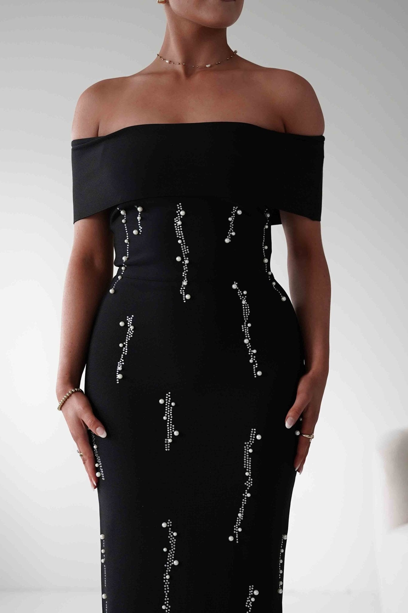 Oh Hello Clothing Dresses 1*DONE - F&P -605581- black off-shoulder midi dress with embellishment only on the front