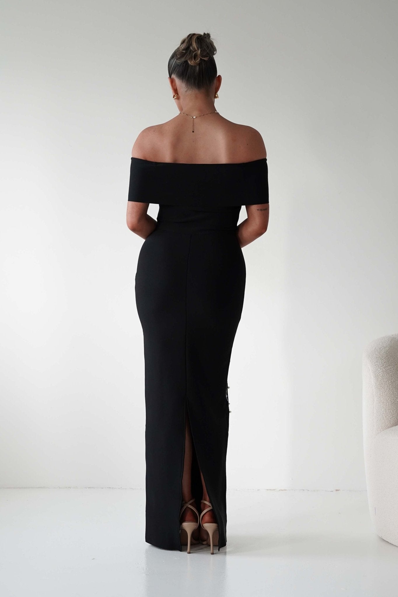 Oh Hello Clothing Dresses 1*DONE - F&P -605581- black off-shoulder midi dress with embellishment only on the front