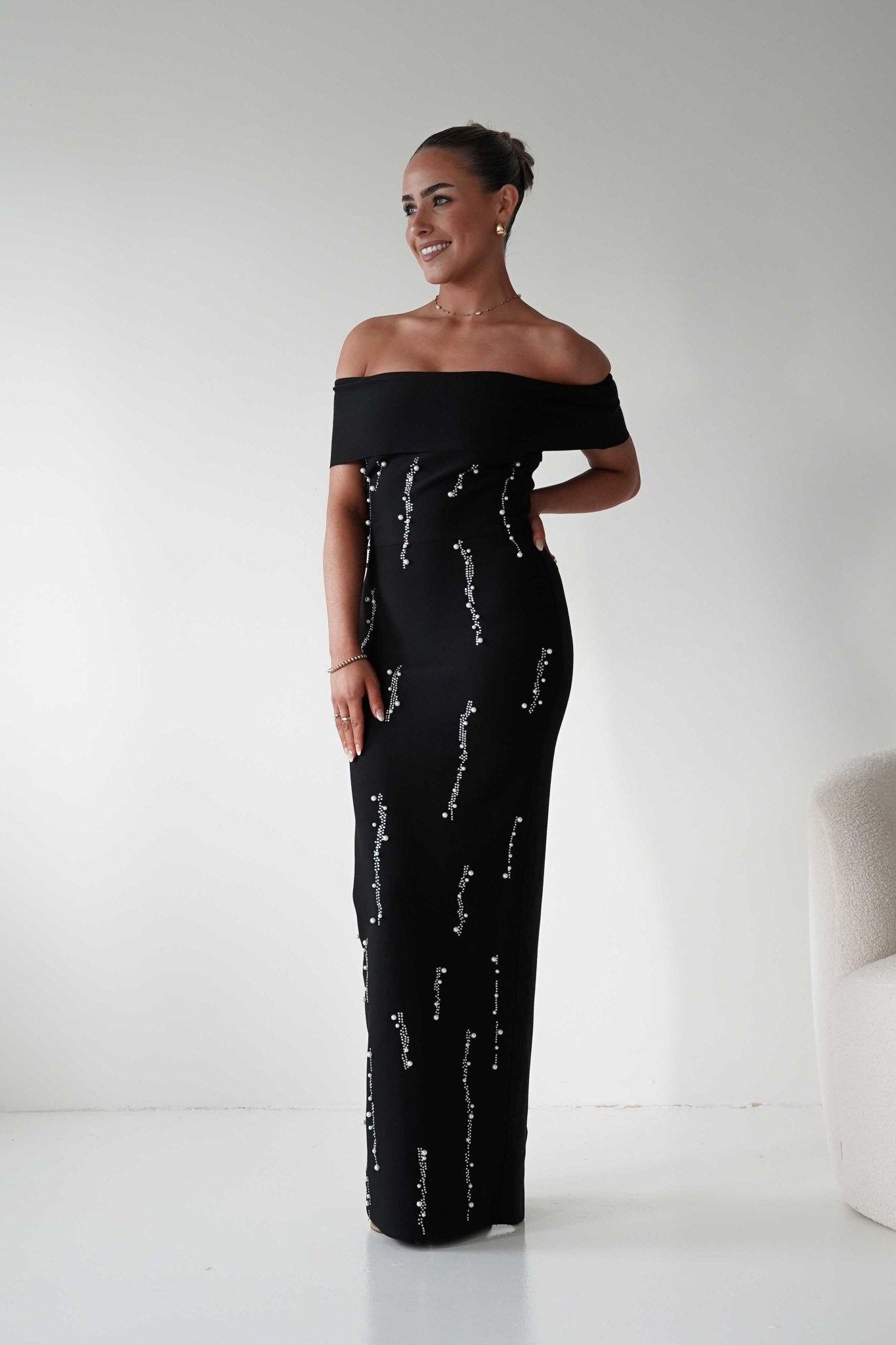 Oh Hello Clothing Dresses 1*DONE - F&P -605581- black off-shoulder midi dress with embellishment only on the front