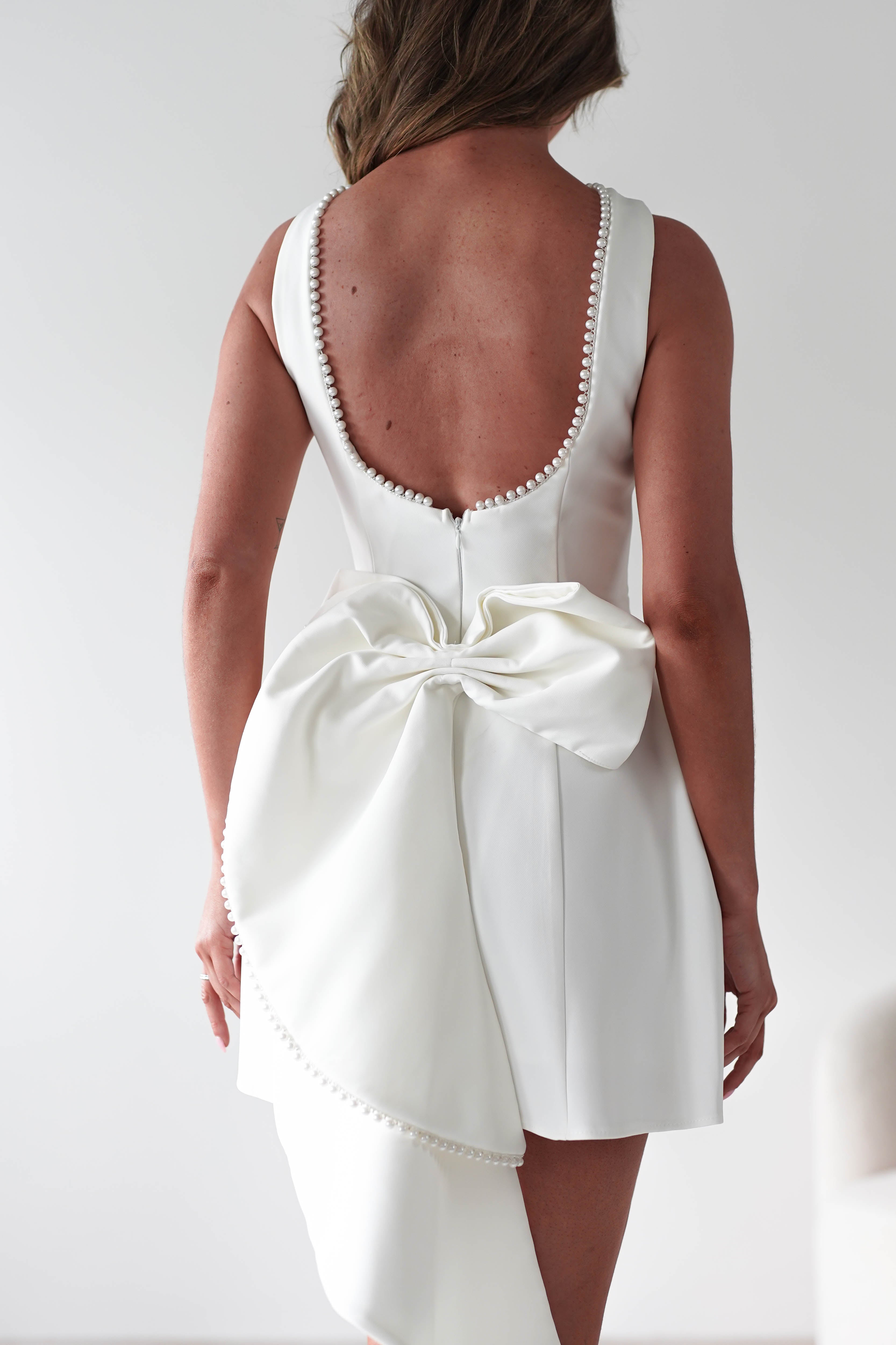 Maria Pearl Bow Detail Mini Dress | White | Graduation | Bride To Be Hen Dress | Oh Hello Clothing