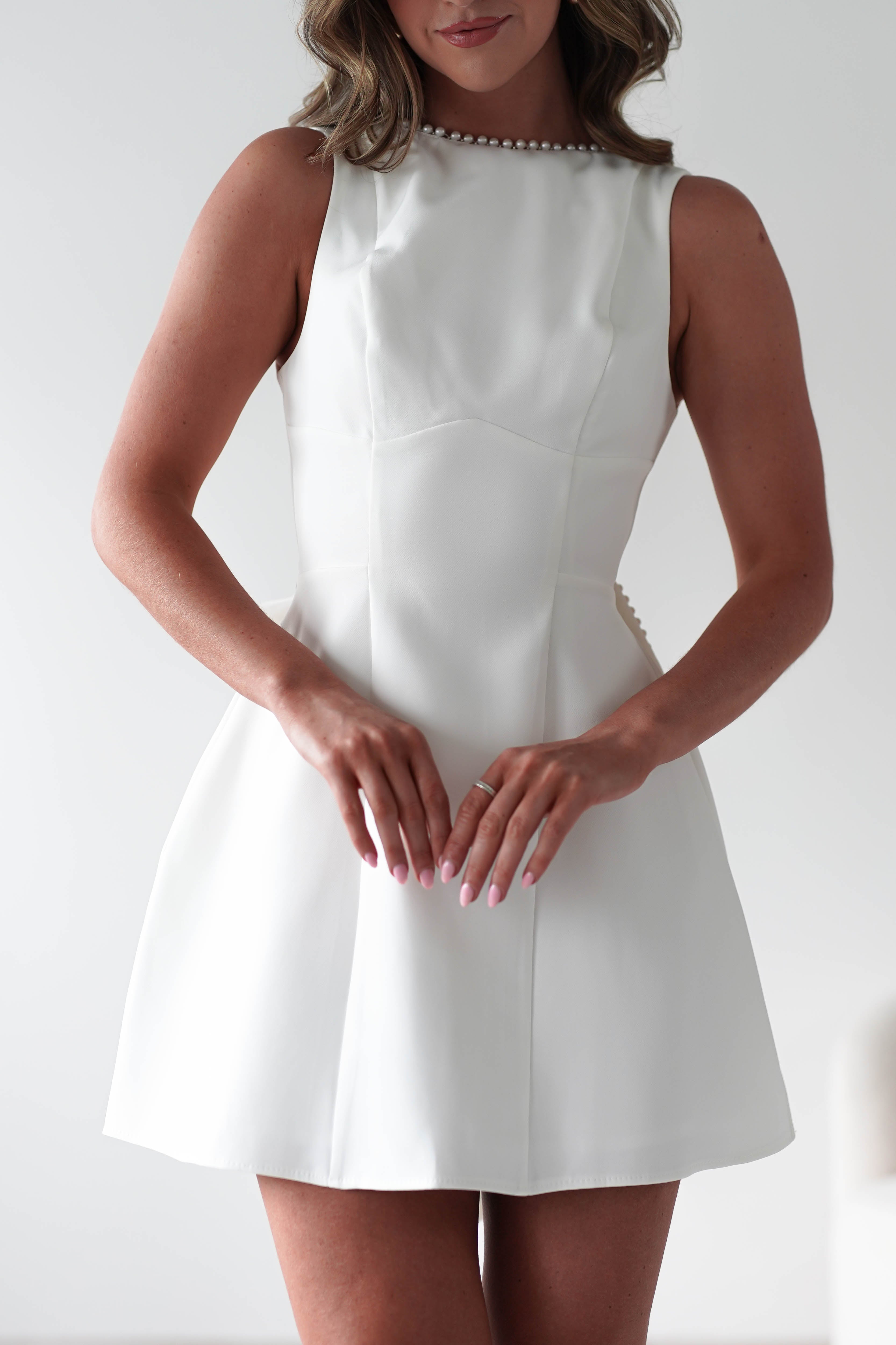 Maria Pearl Bow Detail Mini Dress | White | Graduation | Bride To Be Hen Dress | Oh Hello Clothing