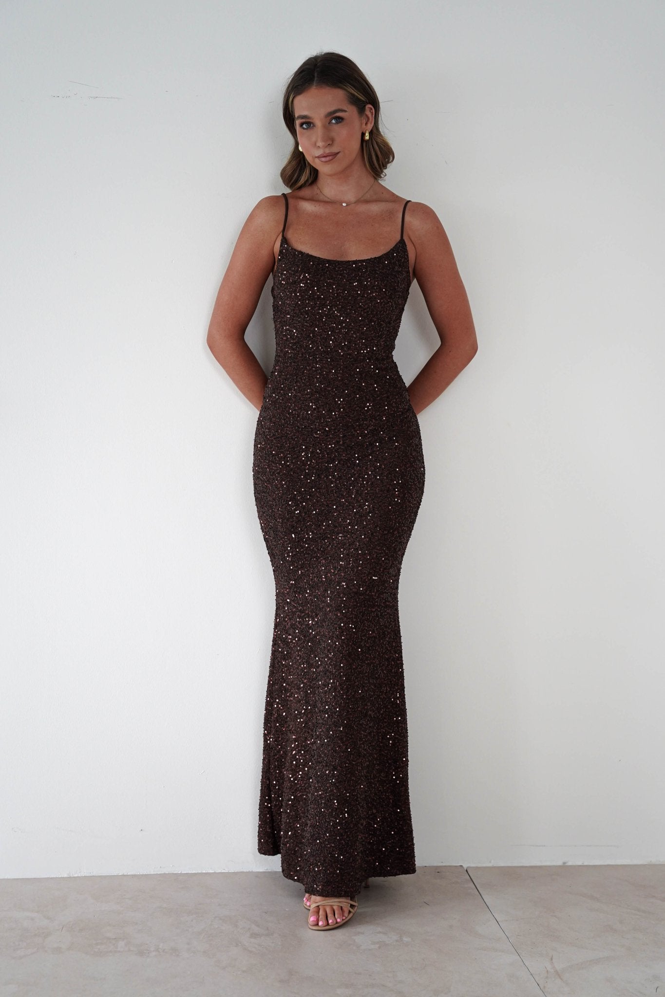 Maria Sequin Bodycon Maxi Gown | Brown | Debs & Prom | Formal Gown | Oh Hello Clothing
