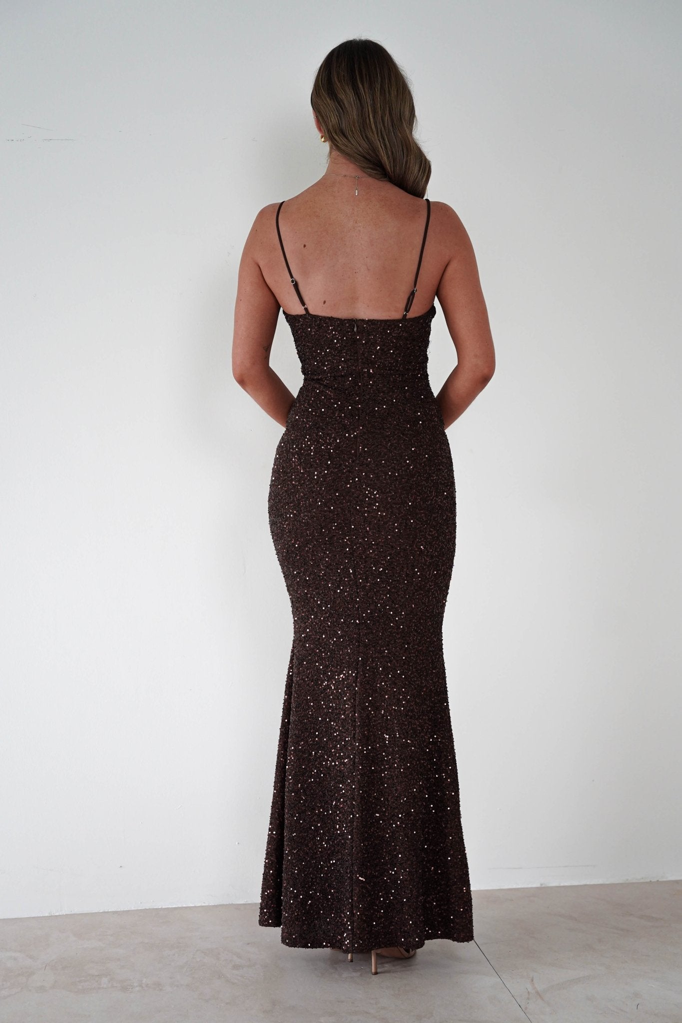 Maria Sequin Bodycon Maxi Gown | Brown | Debs & Prom | Formal Gown | Oh Hello Clothing