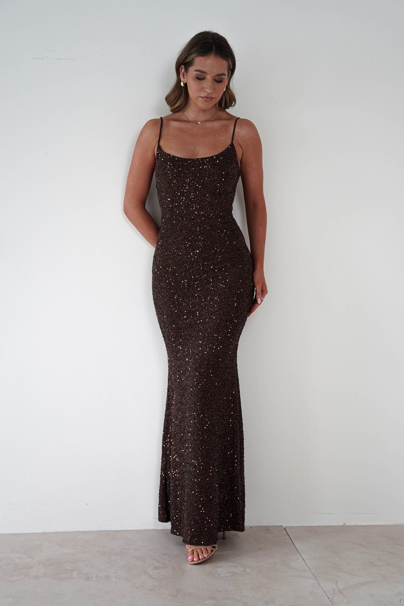 Maria Sequin Bodycon Maxi Gown | Brown | Debs & Prom | Formal Gown | Oh Hello Clothing