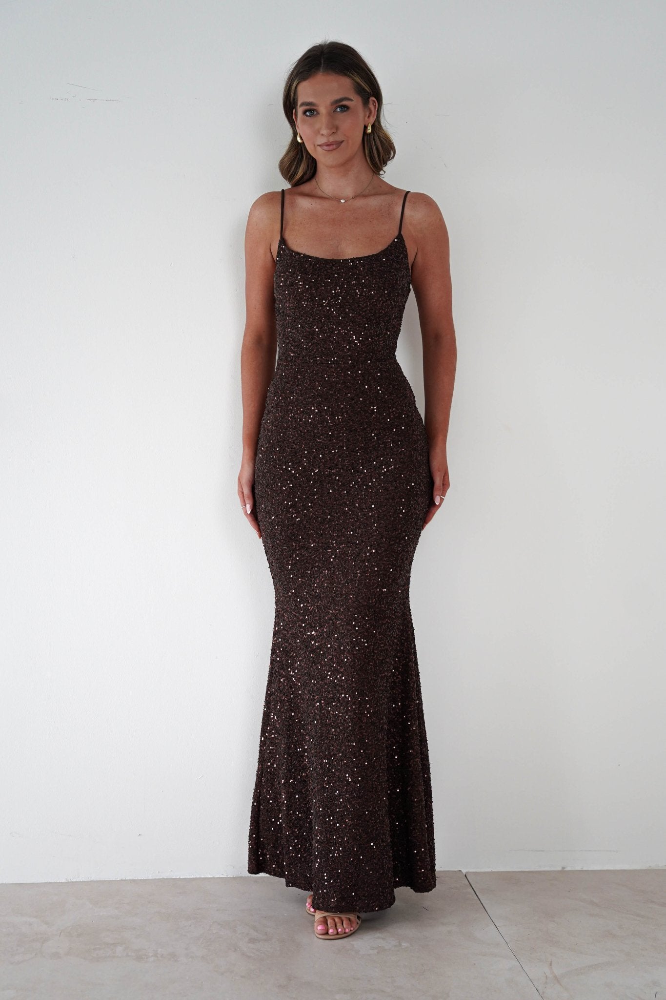 Maria Sequin Bodycon Maxi Gown | Brown | Debs & Prom | Formal Gown | Oh Hello Clothing