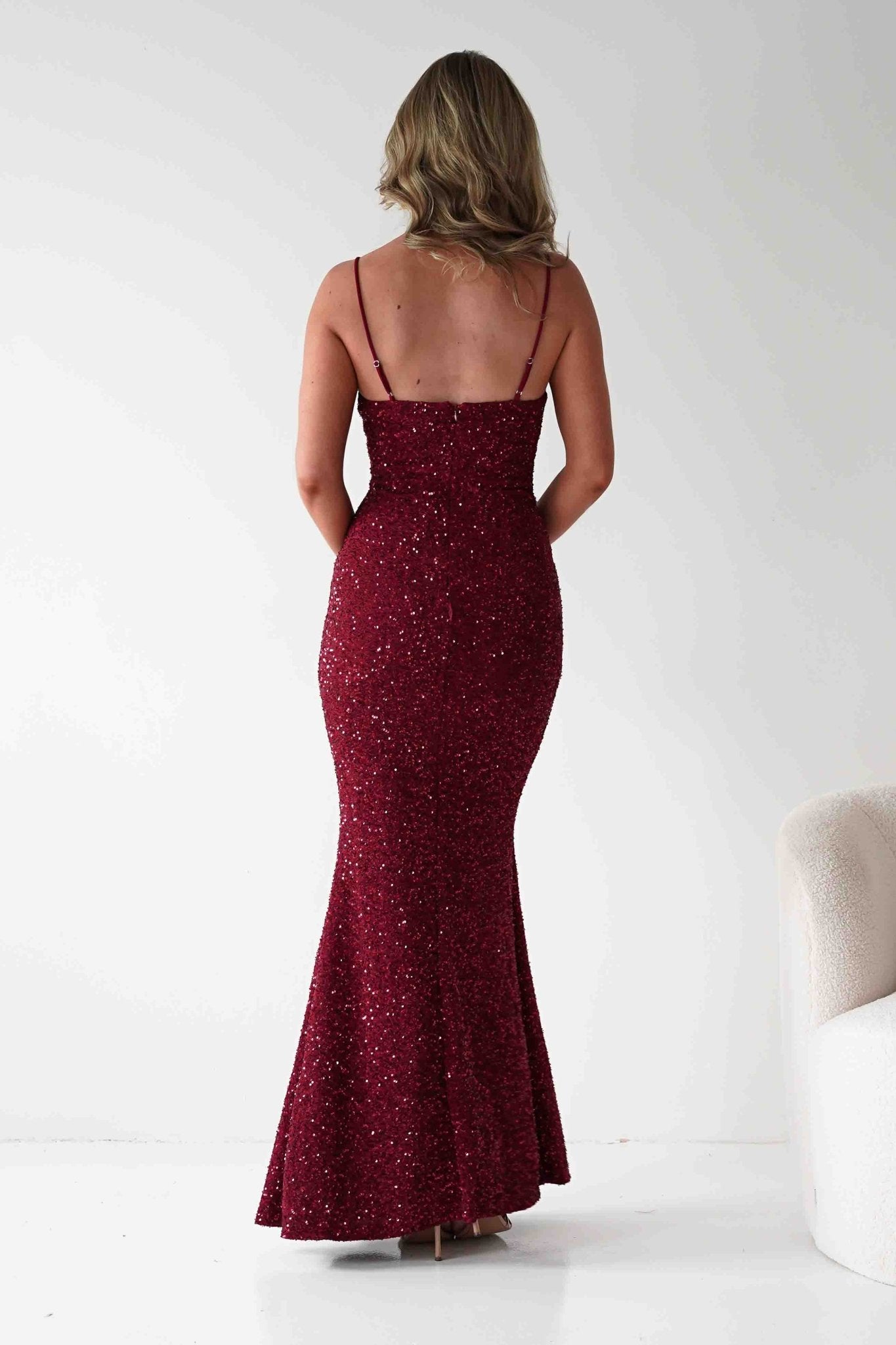 Maria Sequin Bodycon Maxi Gown | Dark Red | Debs & Prom | Formal Gown | Oh Hello Clothing