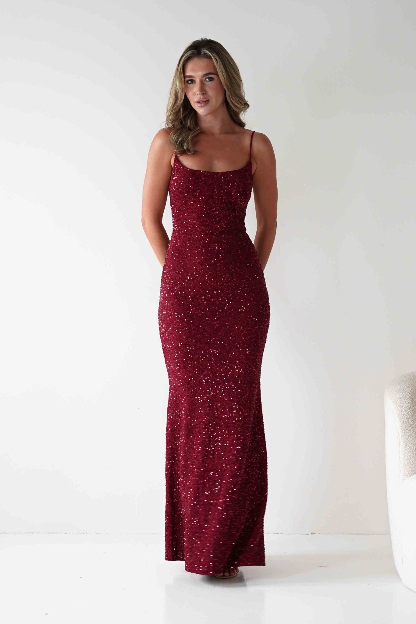 Maria Sequin Bodycon Maxi Gown | Dark Red | Debs & Prom | Formal Gown | Oh Hello Clothing