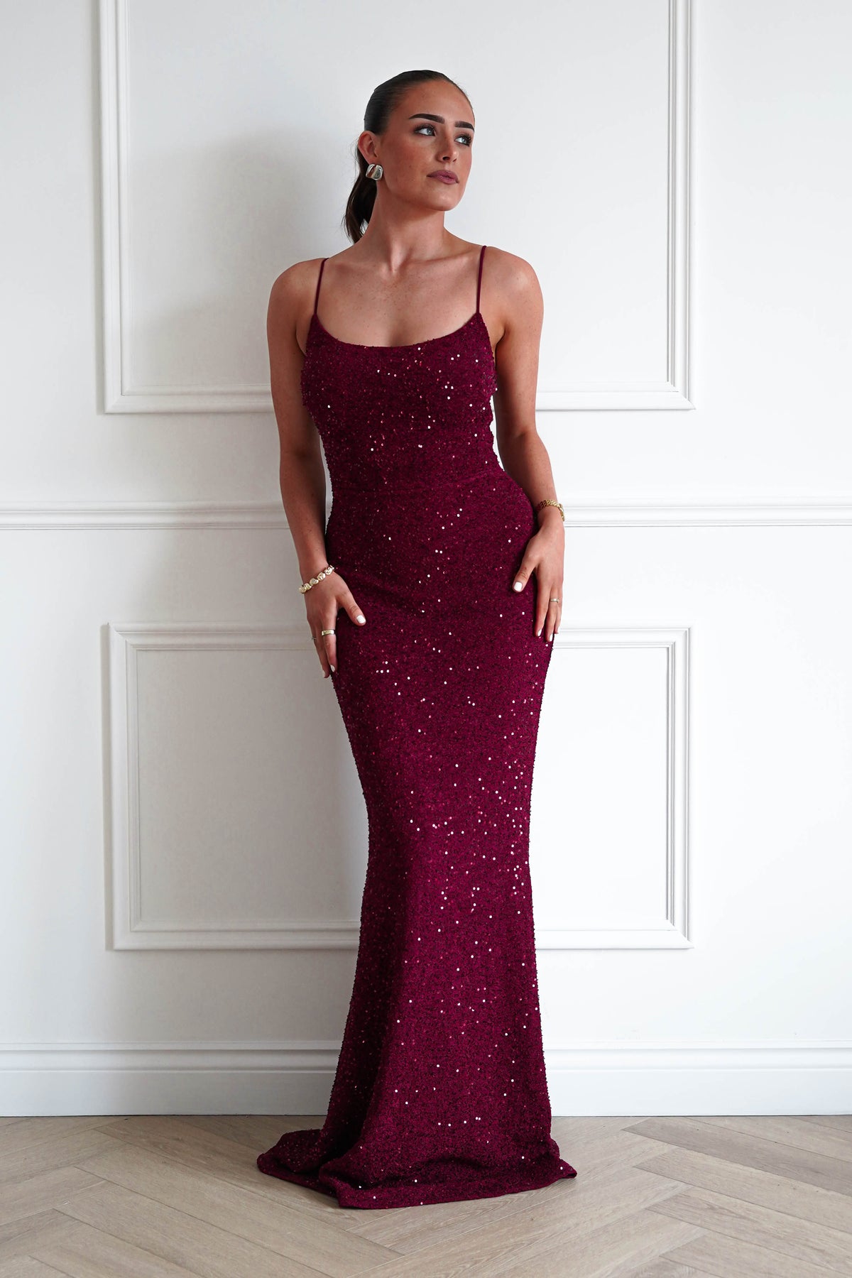 Maria Sequin Bodycon Maxi Gown | Dark Red-Oh Hello Clothing