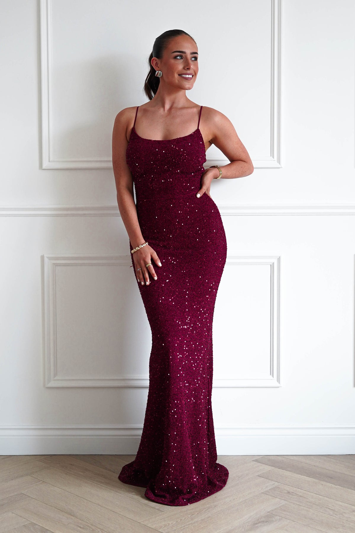Maria Sequin Bodycon Maxi Gown | Dark Red-Oh Hello Clothing