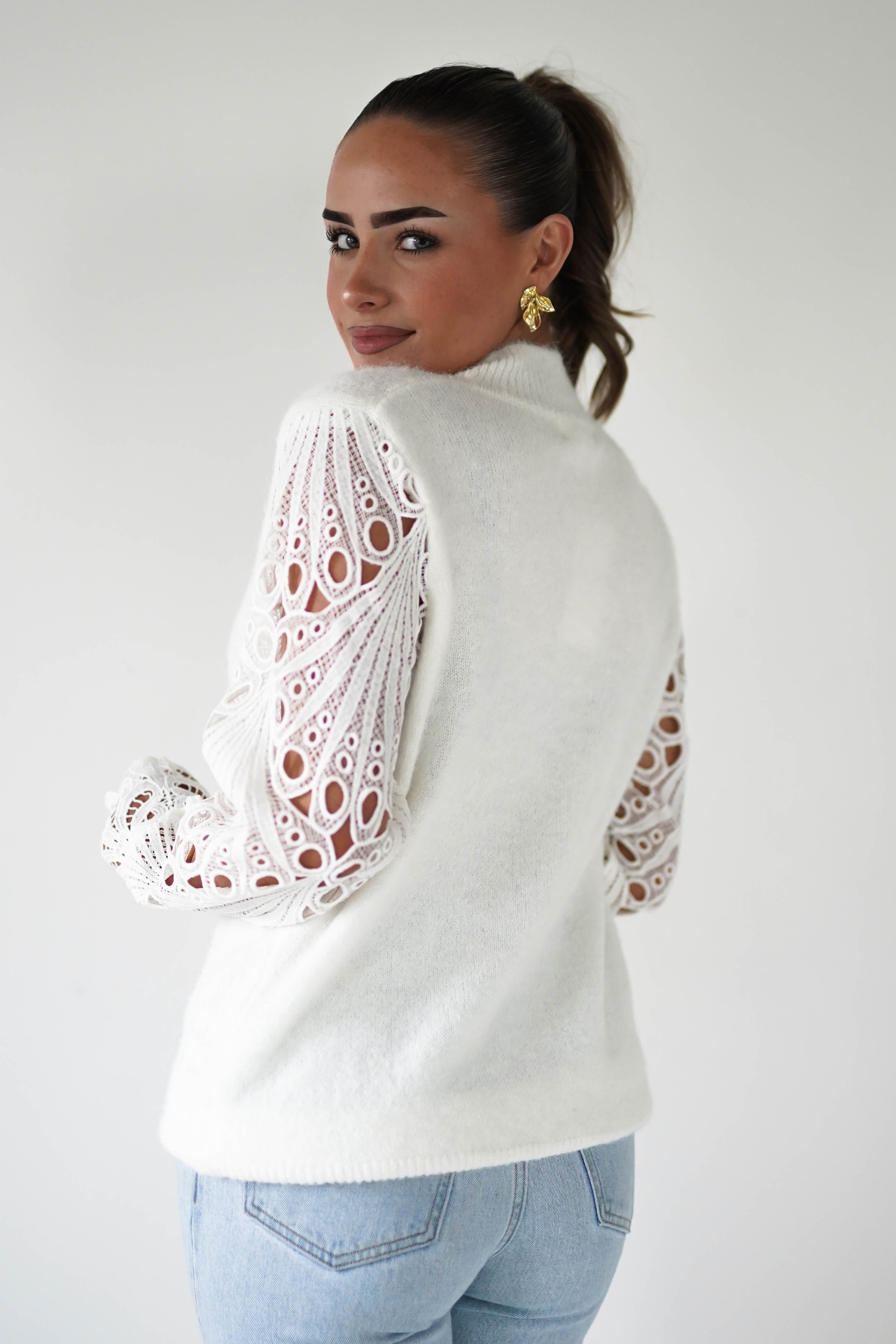 Oh Hello Clothing Women > Clothing > Knitwear ONE SIZE (6/12) Marie Lace Sleeve Knit Jumper | White