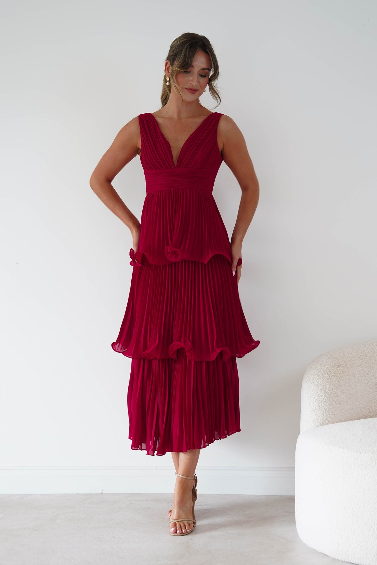 Oh Hello Clothing Women > Clothing > Dresses Marielle Pleated Tiered Midi Dress | Red