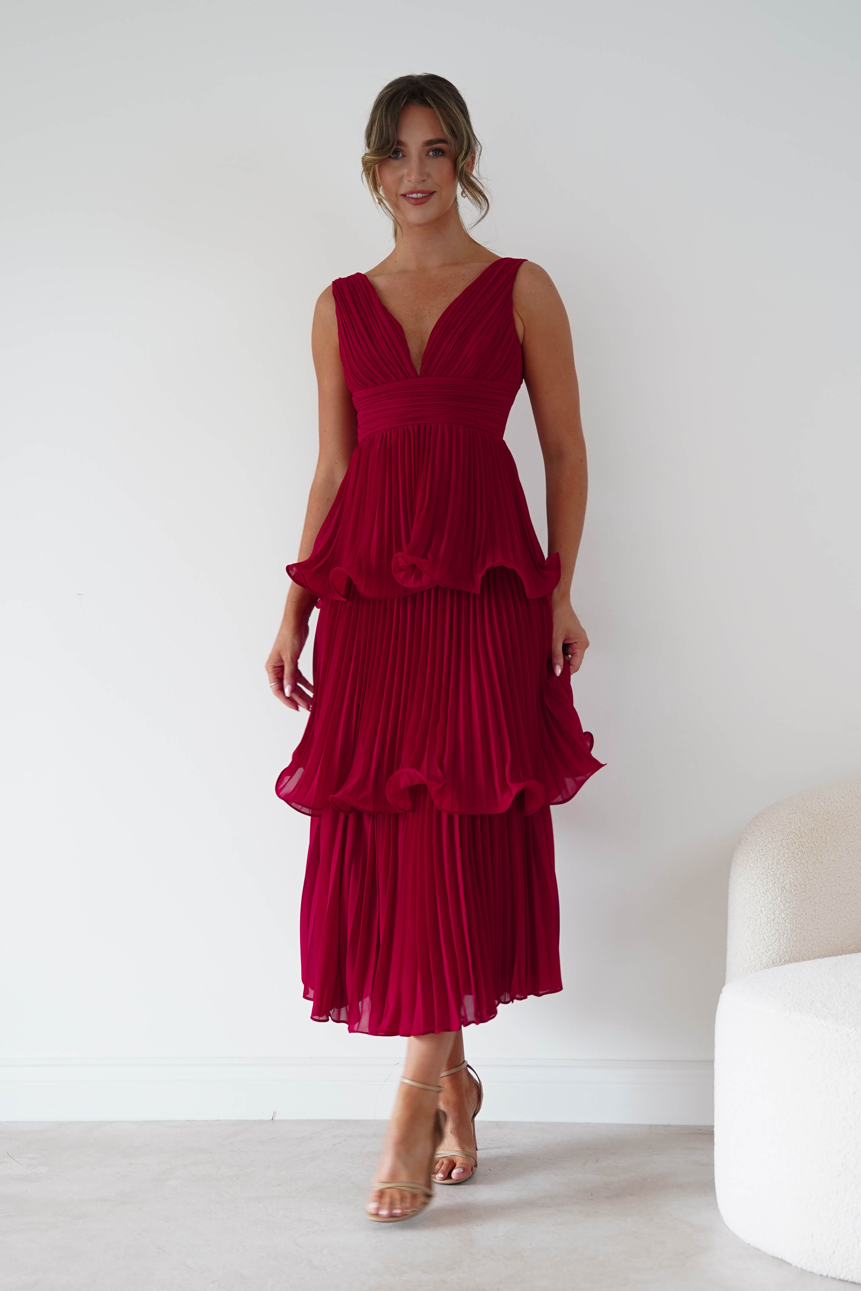 Oh Hello Clothing Women > Clothing > Dresses Marielle Pleated Tiered Midi Dress | Red
