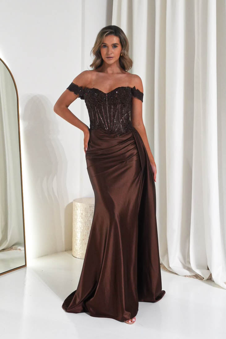 Oh Hello Clothing Women > Clothing > Dresses Marsela Lace Bodice Gown | Espresso Brown
