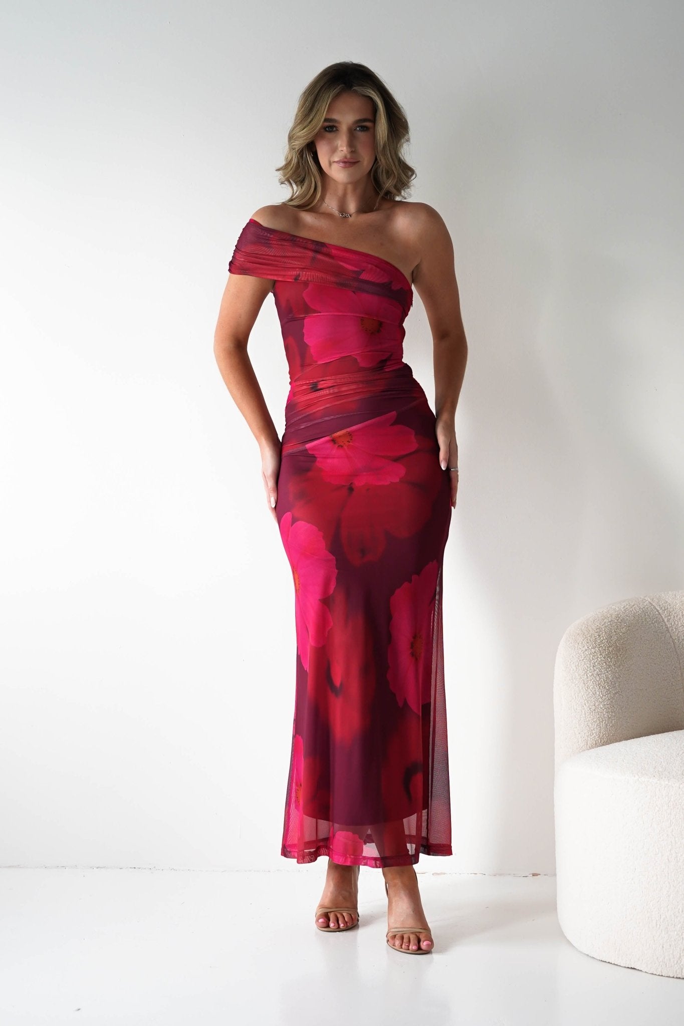 Mayflower Mesh Bodycon Midaxi Dress | Red/Pink | Wedding Guest | Graduation | Oh Hello Clothing